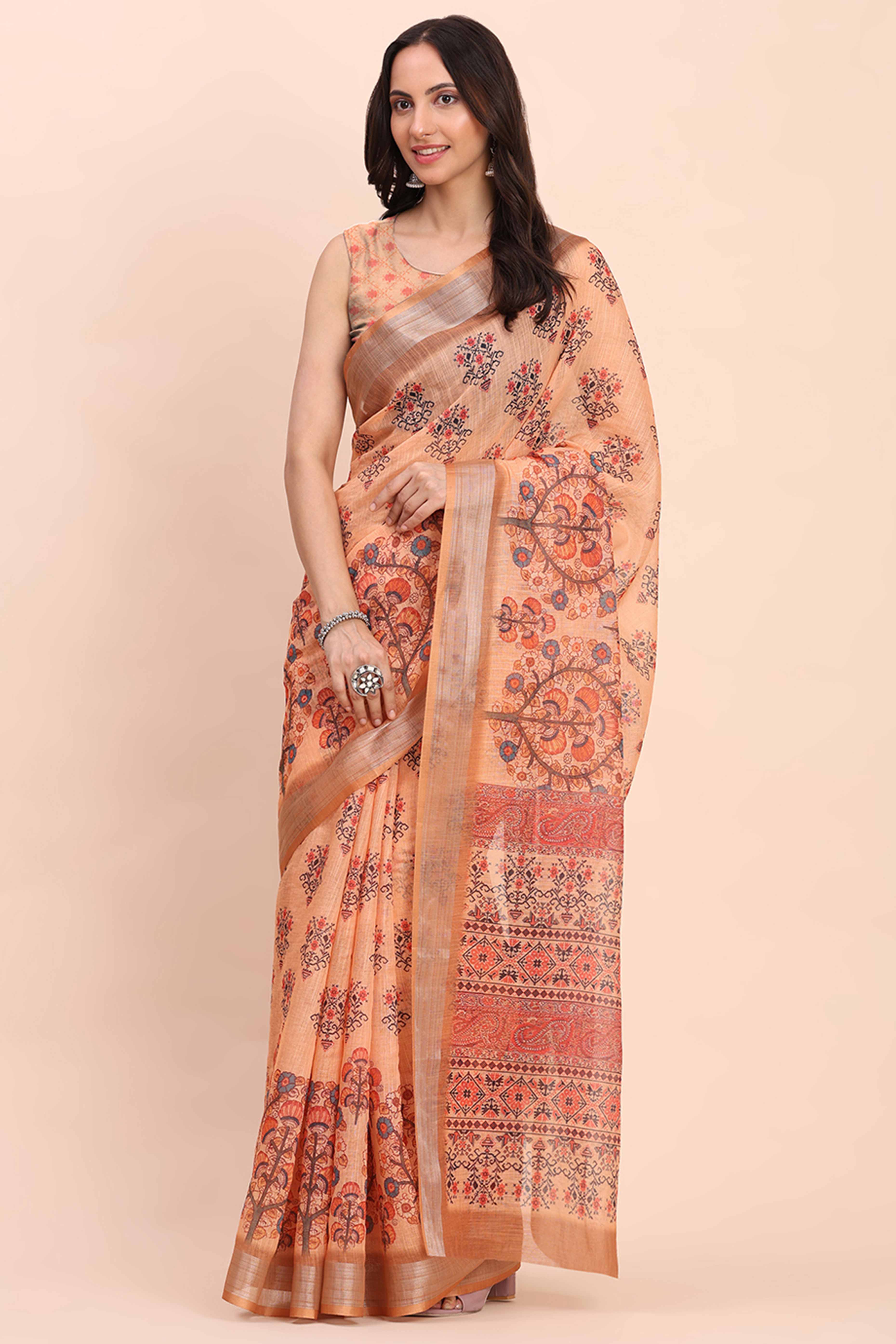 Orange Linen Cotton Saree Featuring Floral Prints & Woven Border