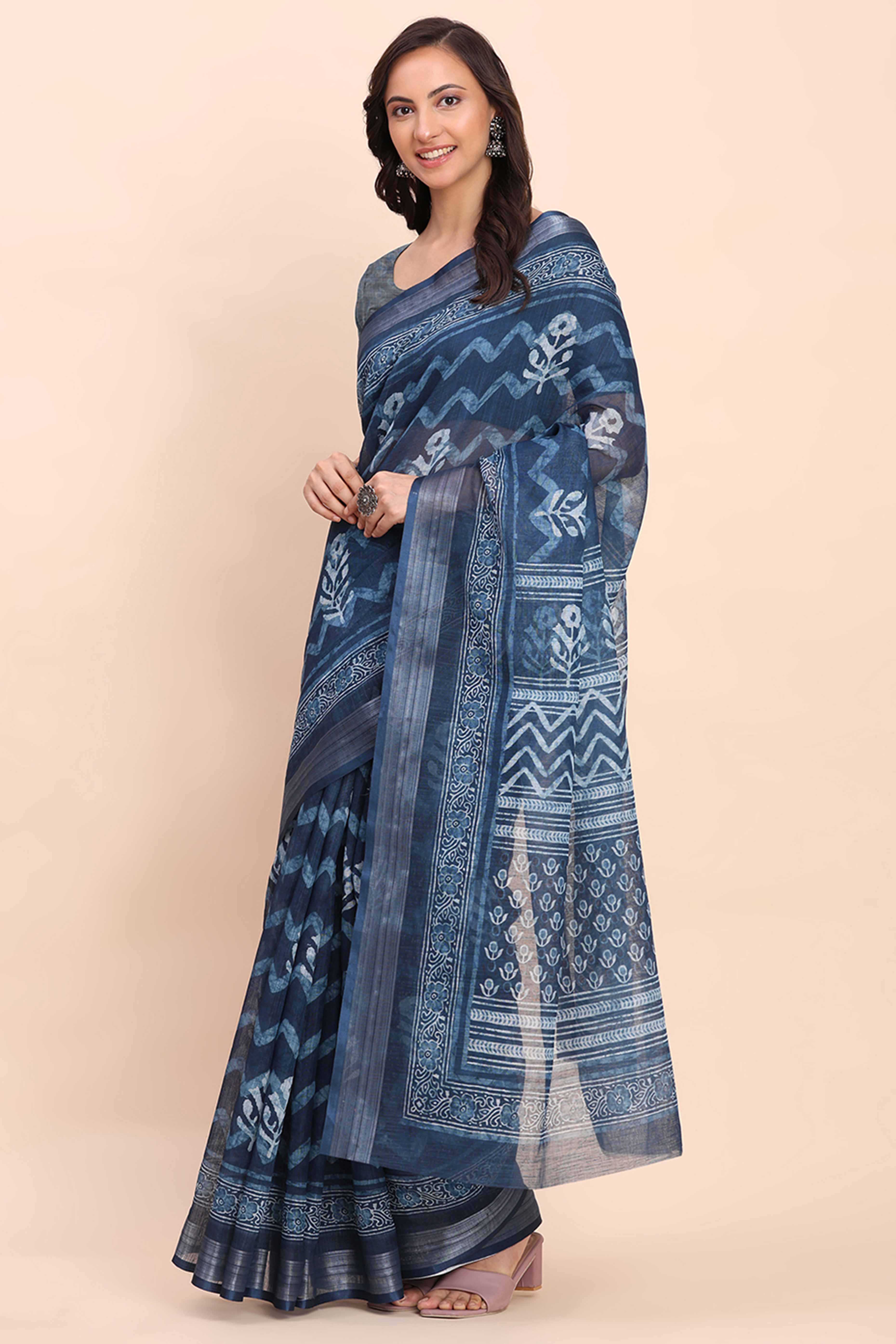 Indigo Blue Linen Cotton Saree Featuring Floral Prints & Woven Border