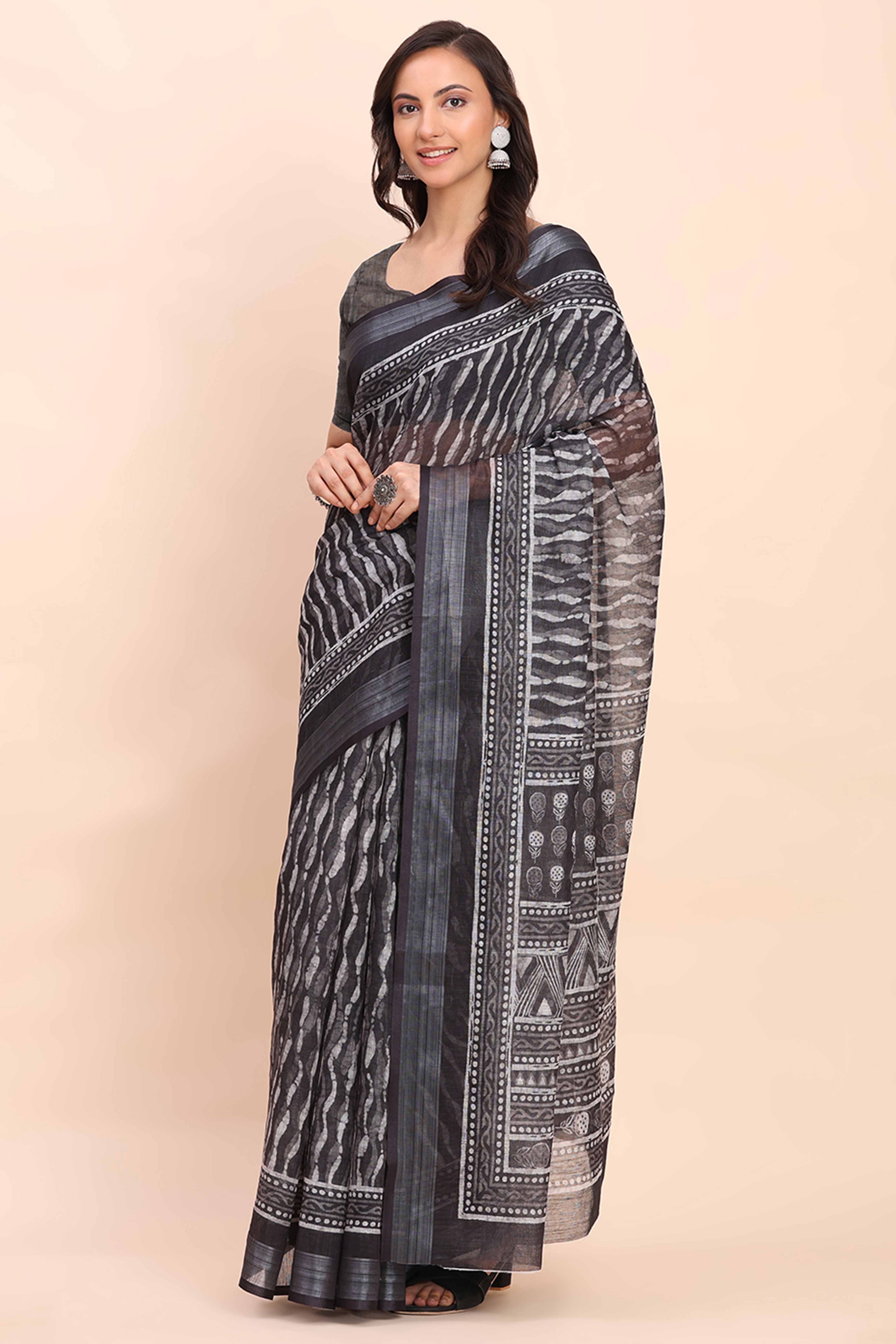 Black Linen Saree with Intricate Silver Weaving