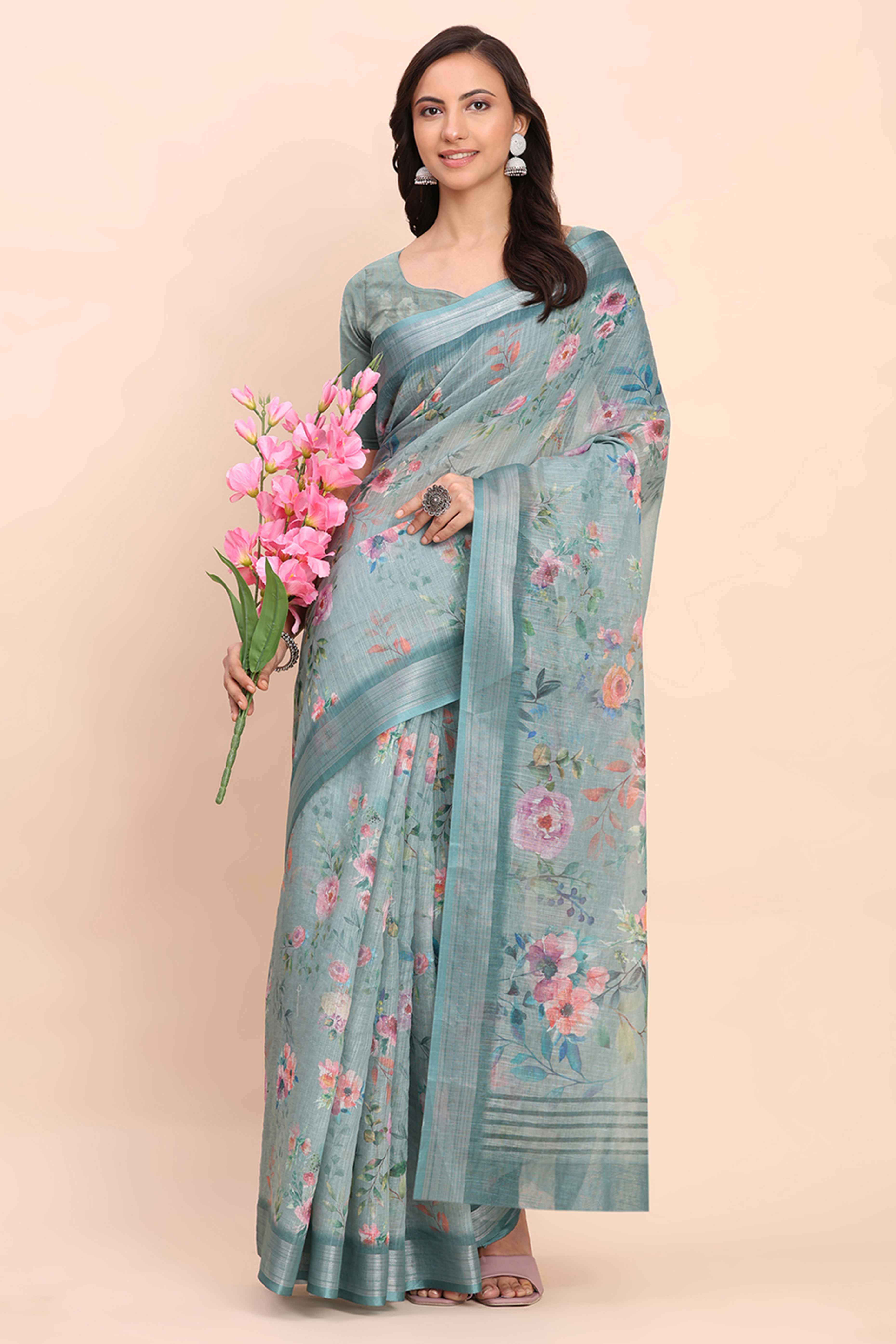 Sea Green Linen Saree with Intricate Silver Weaving
