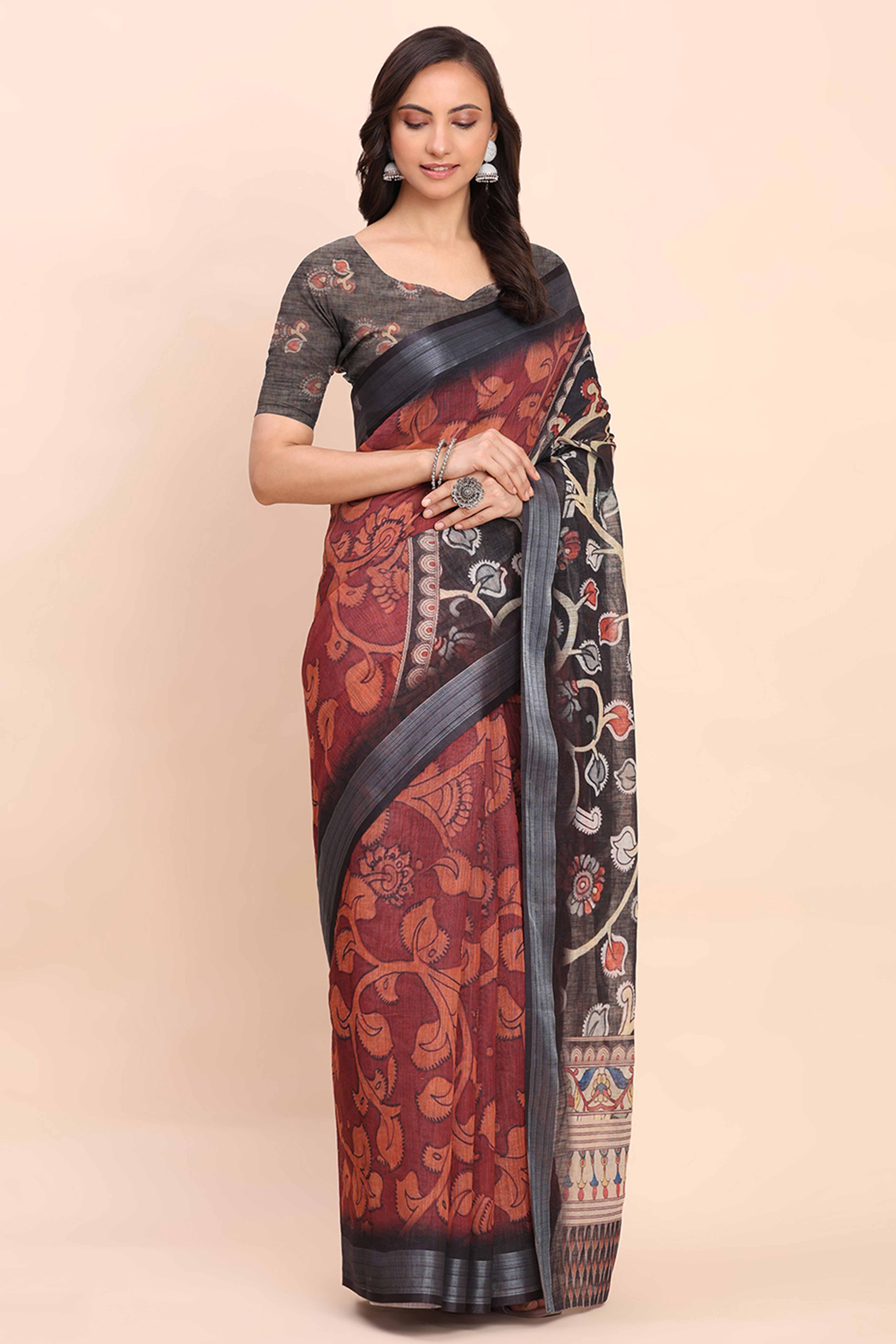 Maroon Linen Saree with Intricate Silver Weaving