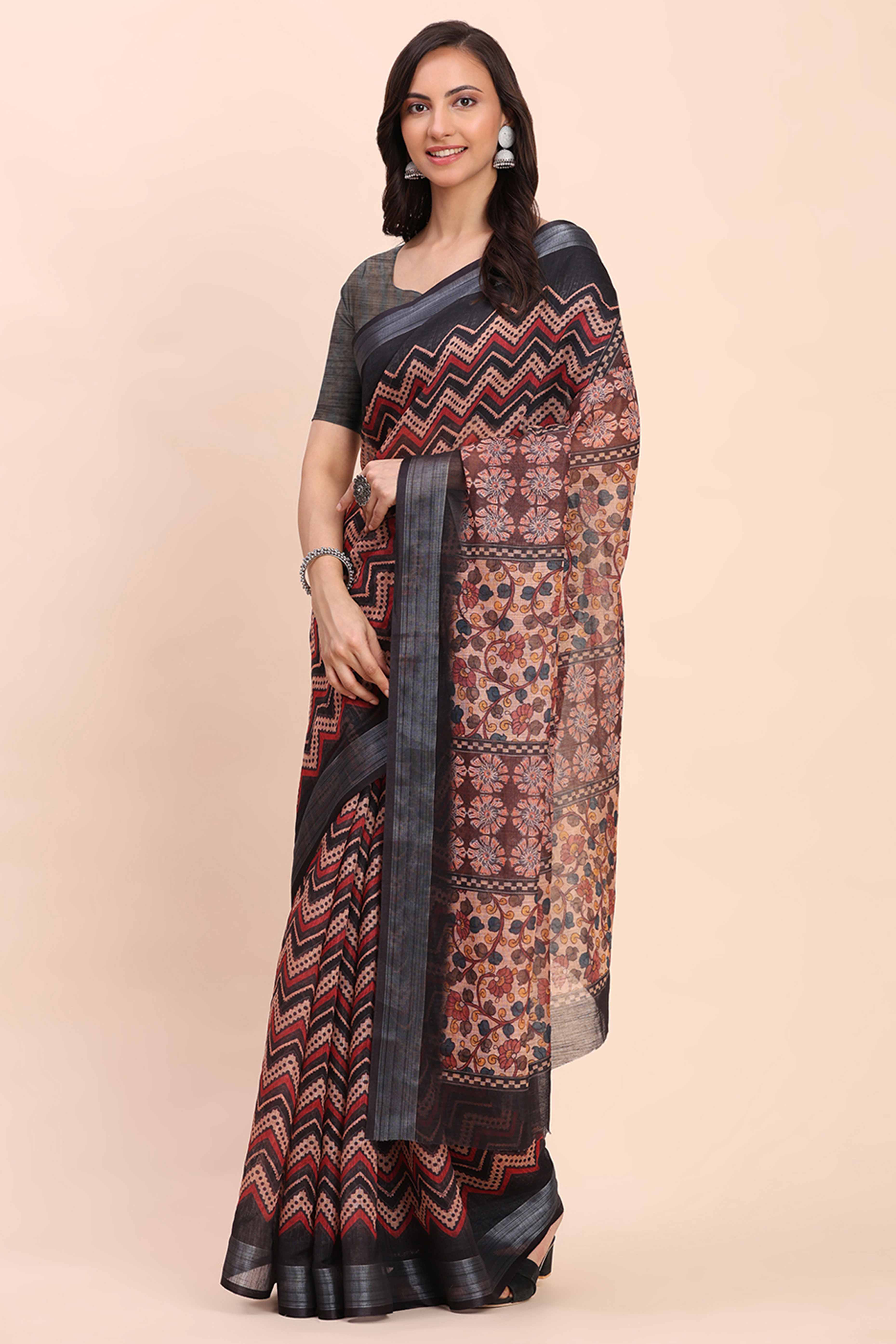 Beige Linen Saree with Intricate Silver Weaving