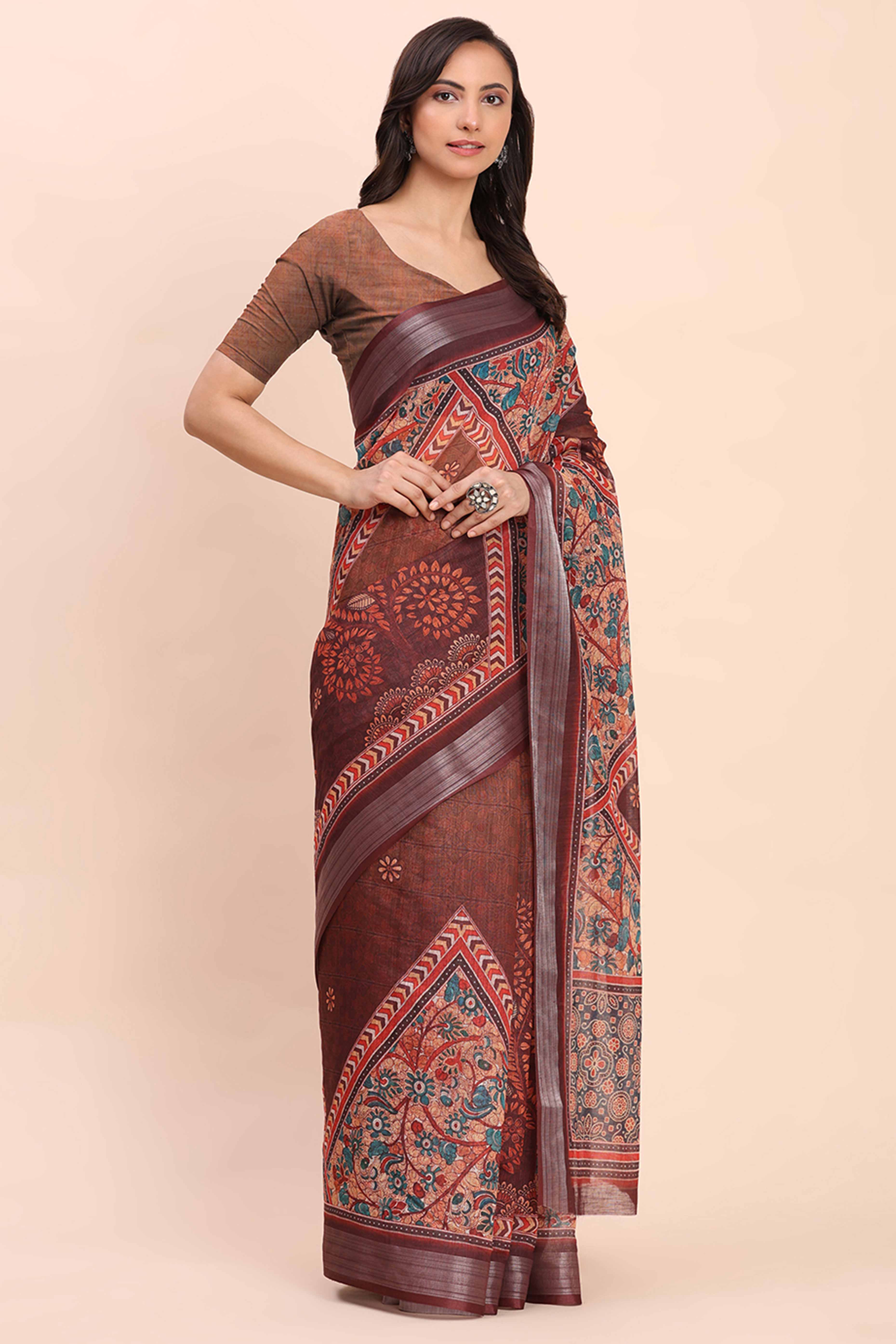 Brown Linen Saree with Intricate Silver Weaving