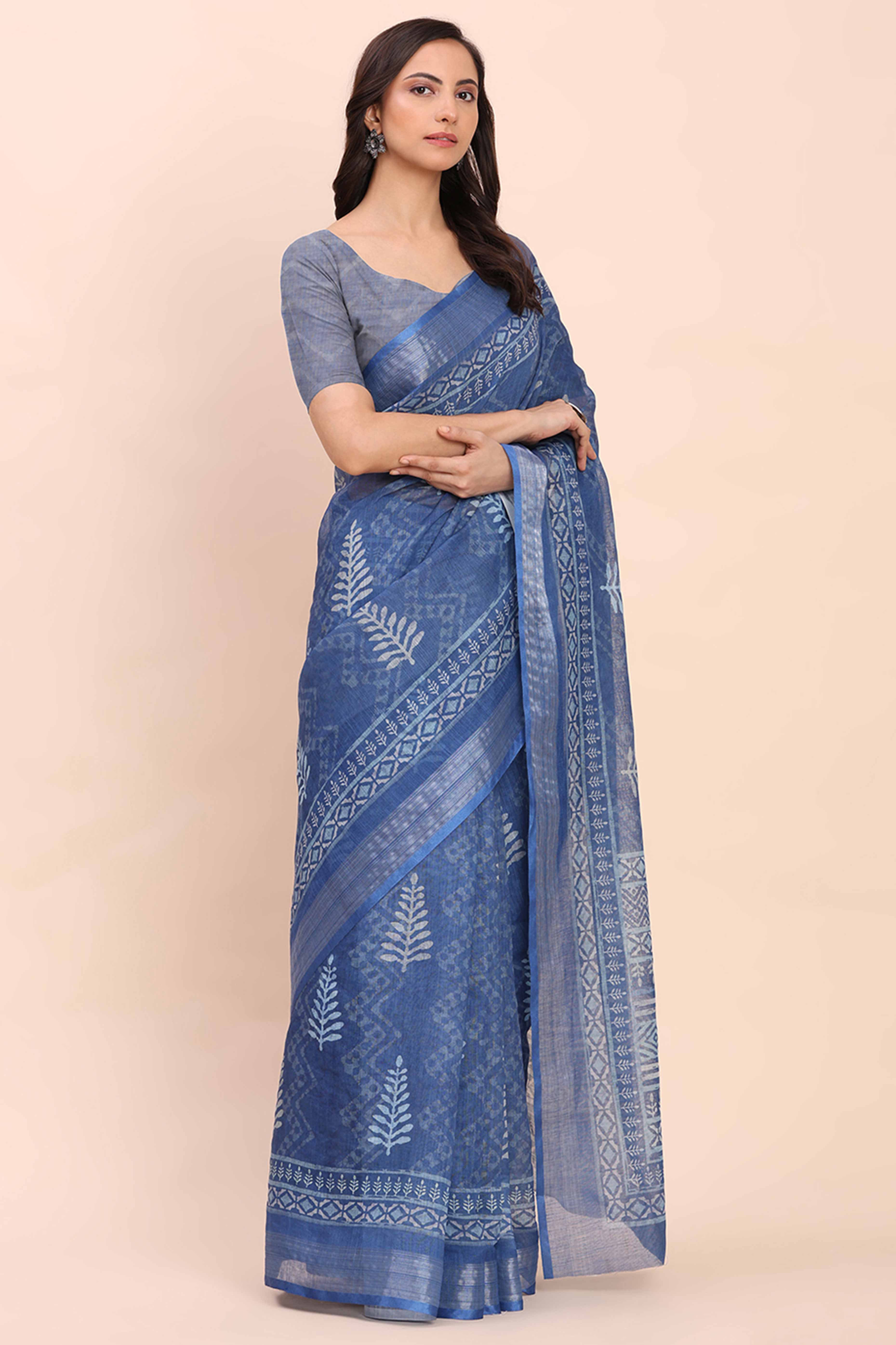Indigo Blue Linen Saree with Intricate Silver Weaving