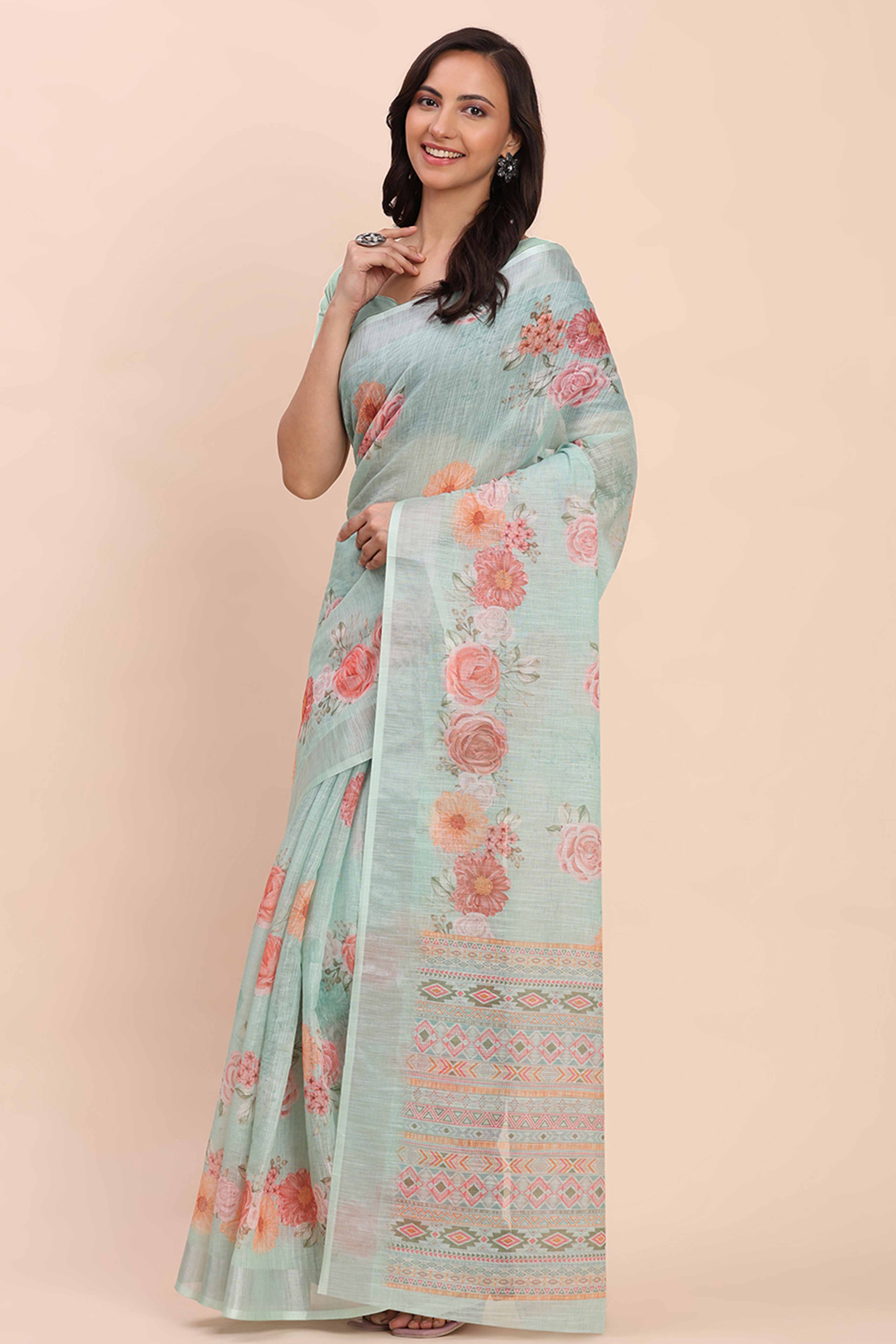Sea Green Linen Saree with Intricate Silver Weaving