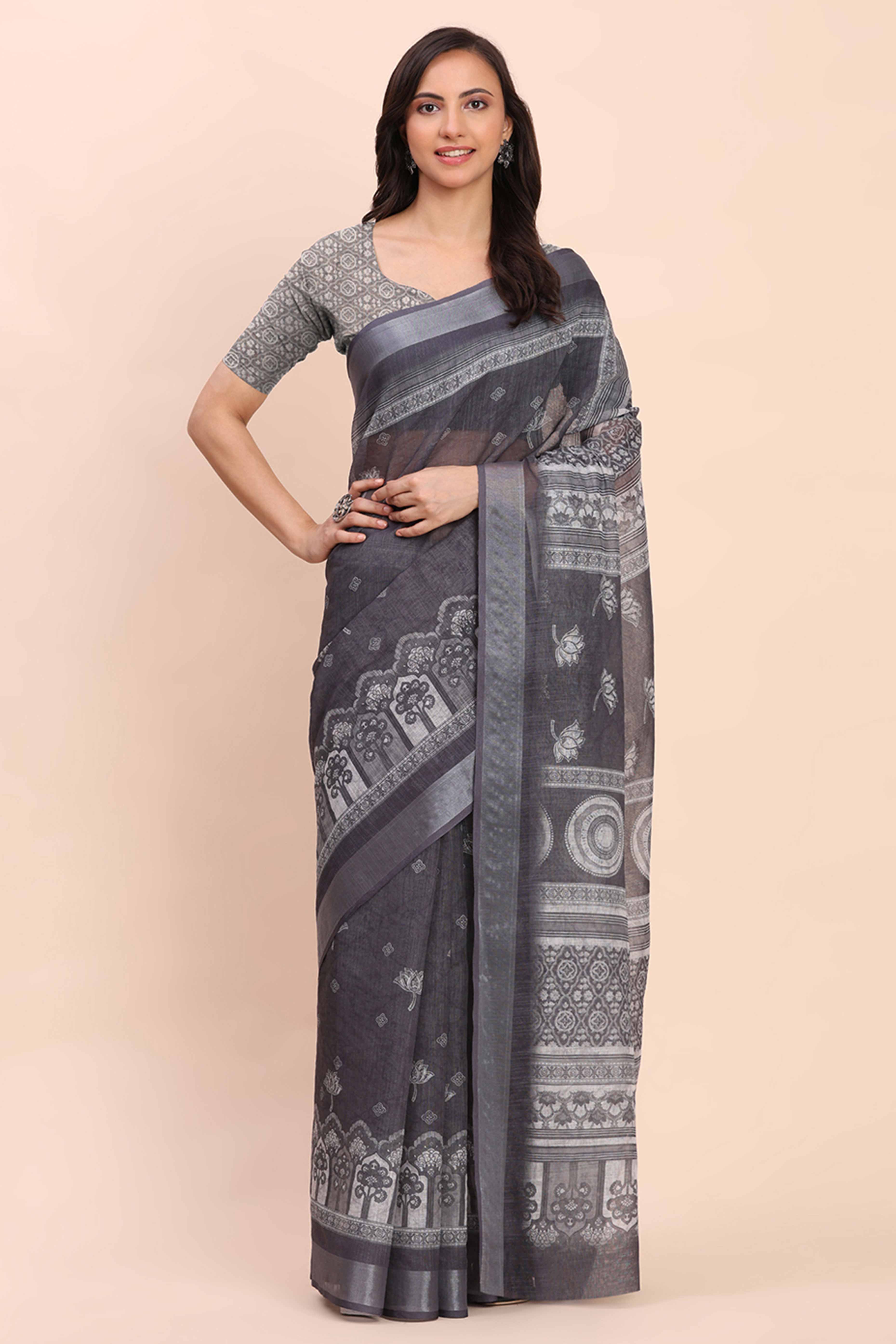 Grey Linen Saree with Intricate Silver Weaving