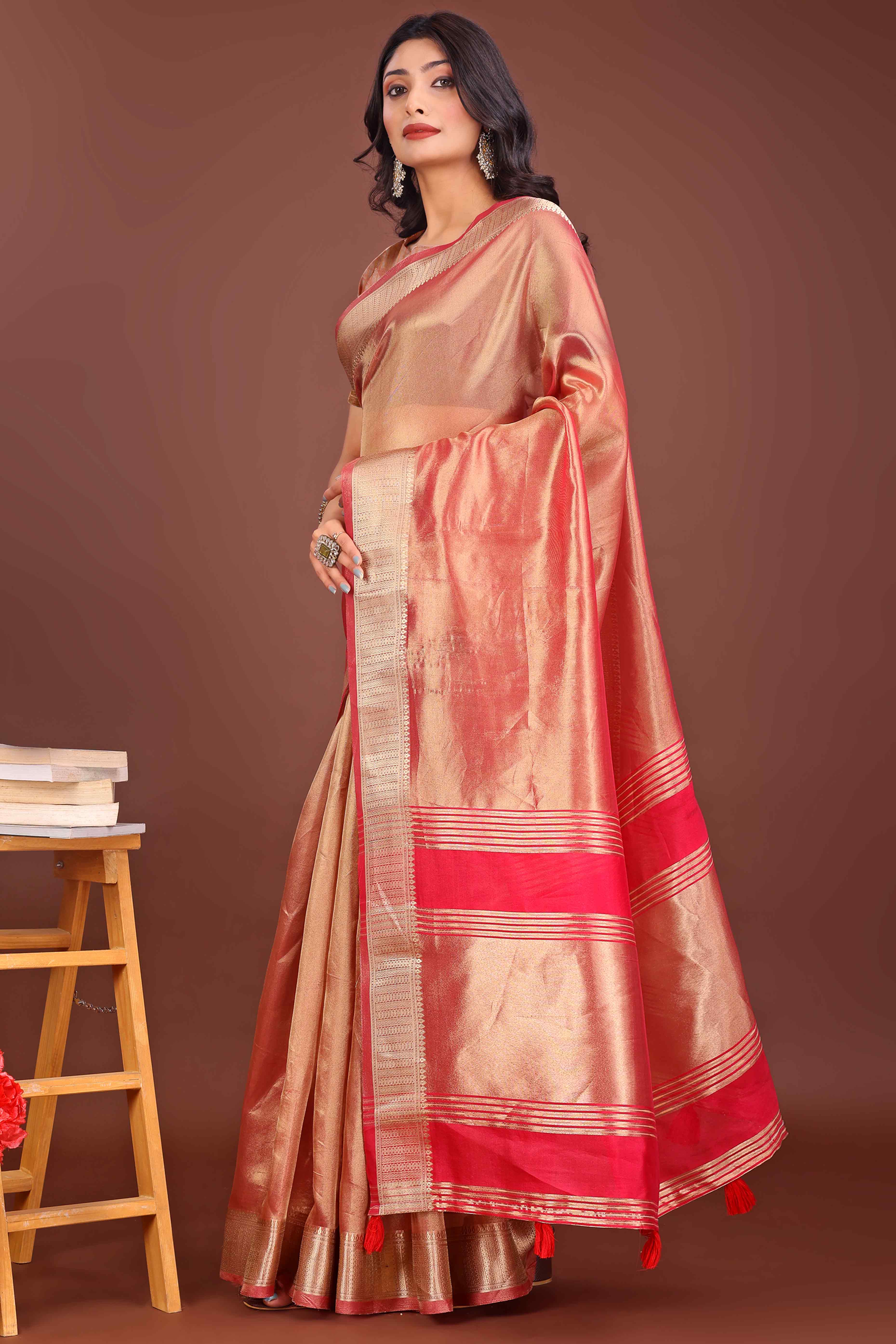 Gajari Pink Organza Solid Saree With Lustrous Zari Weave &  Delicate Tassels