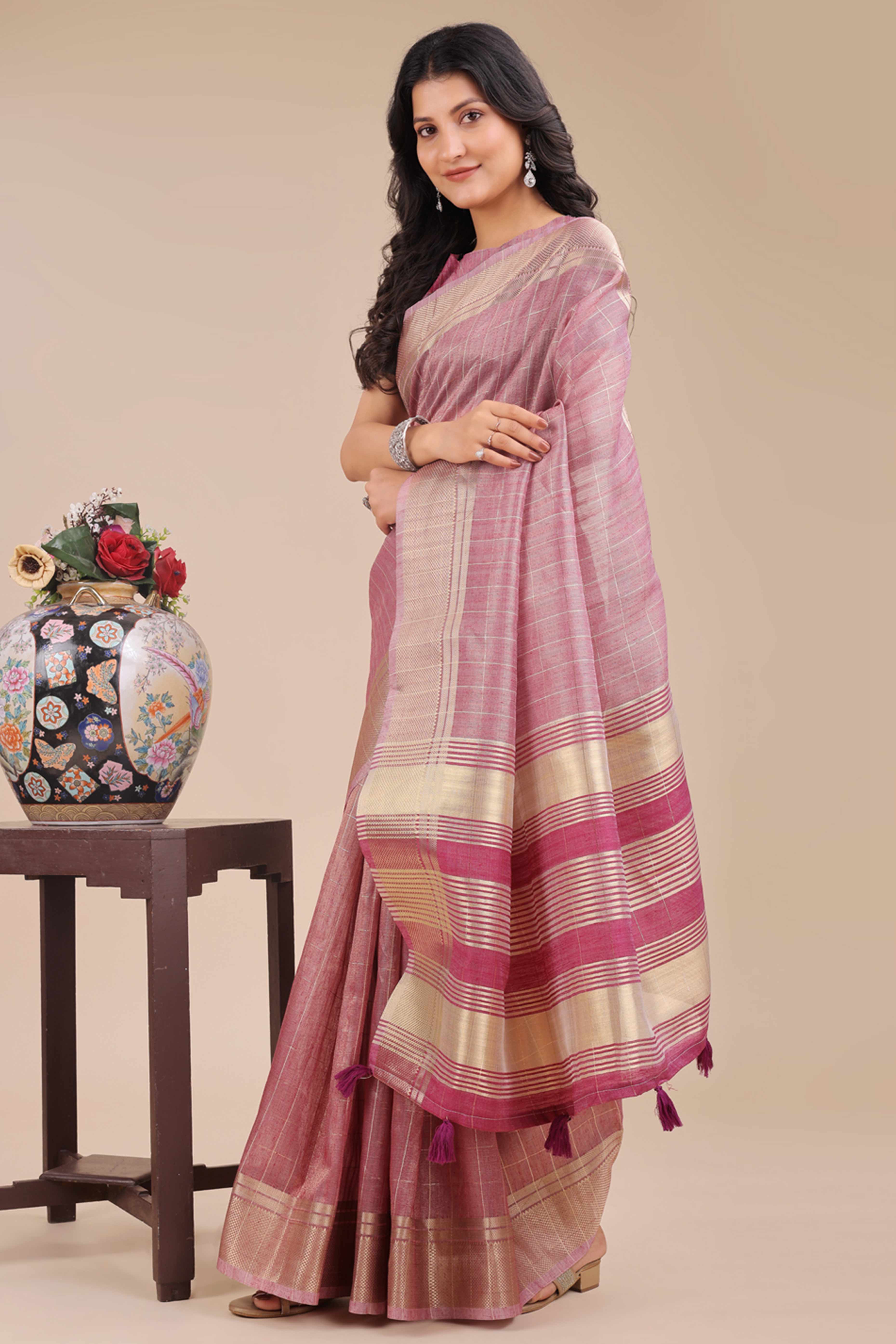 Purple Organza Saree with Checkered Zari Weaving Artistry and Tassels