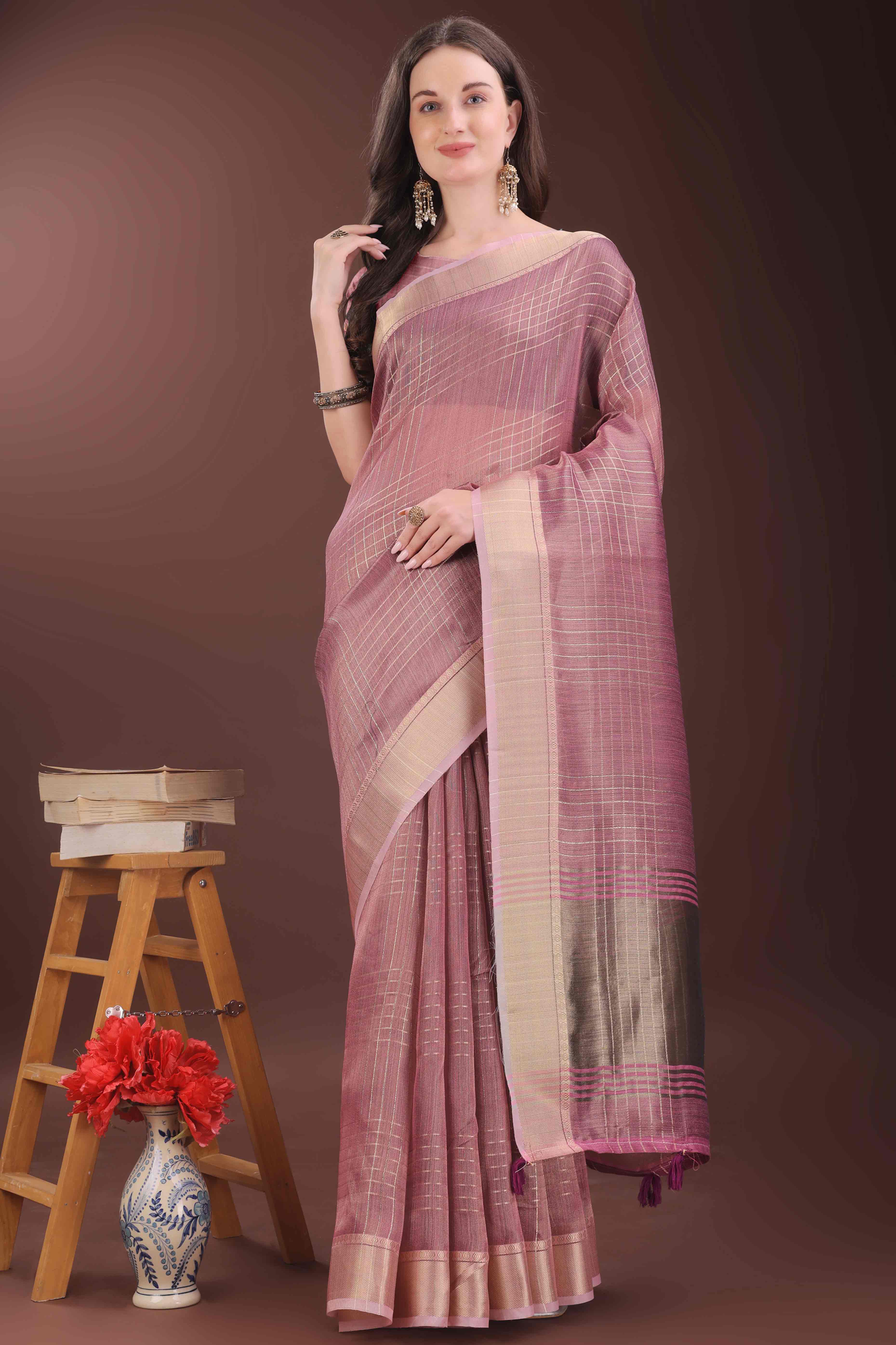 Onion Pink Organza Saree With Zari Weaving Check Patterns & Elegant Tassel Accents