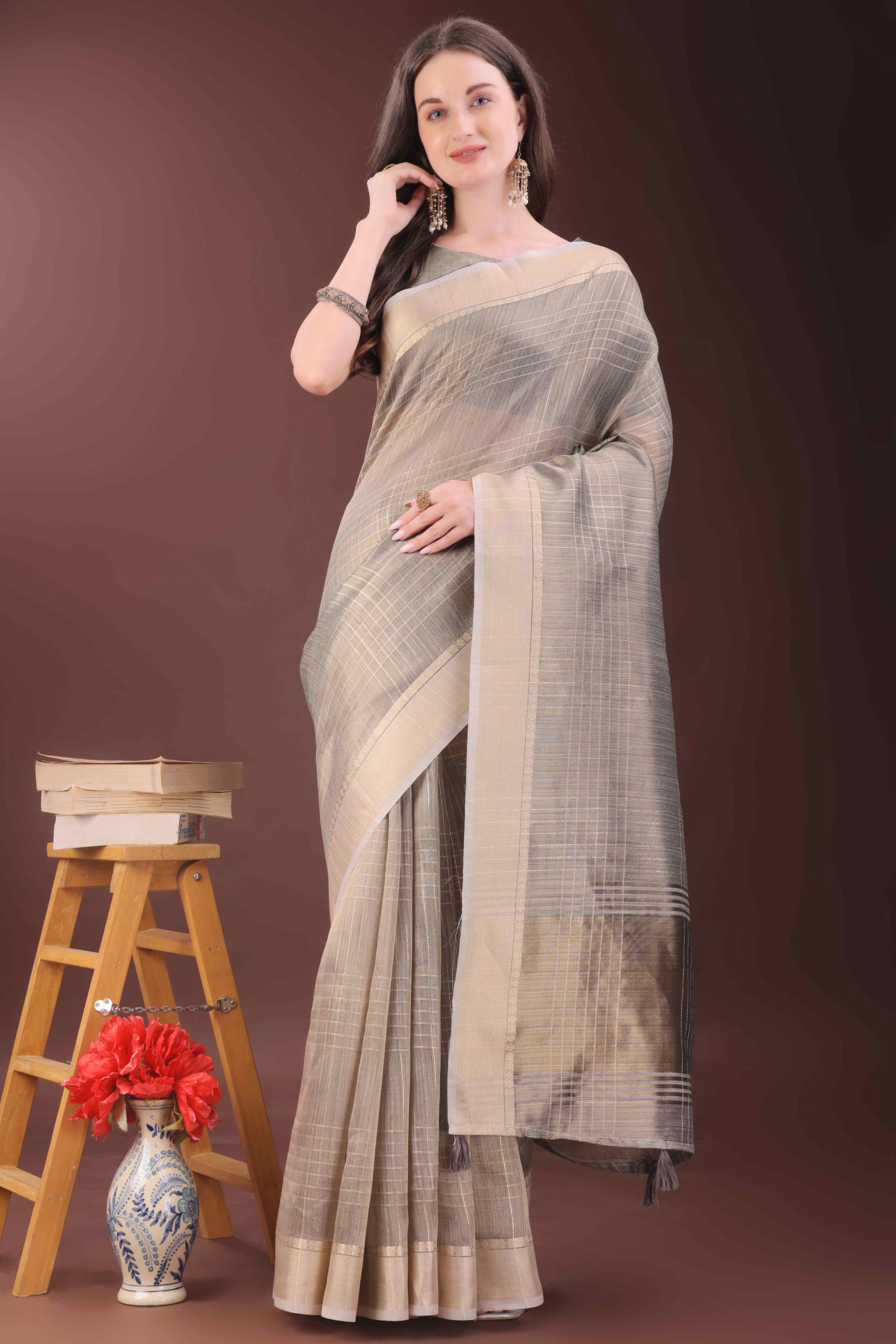 Grey Organza Saree With Zari Weaving Check Patterns & Elegant Tassel Accents