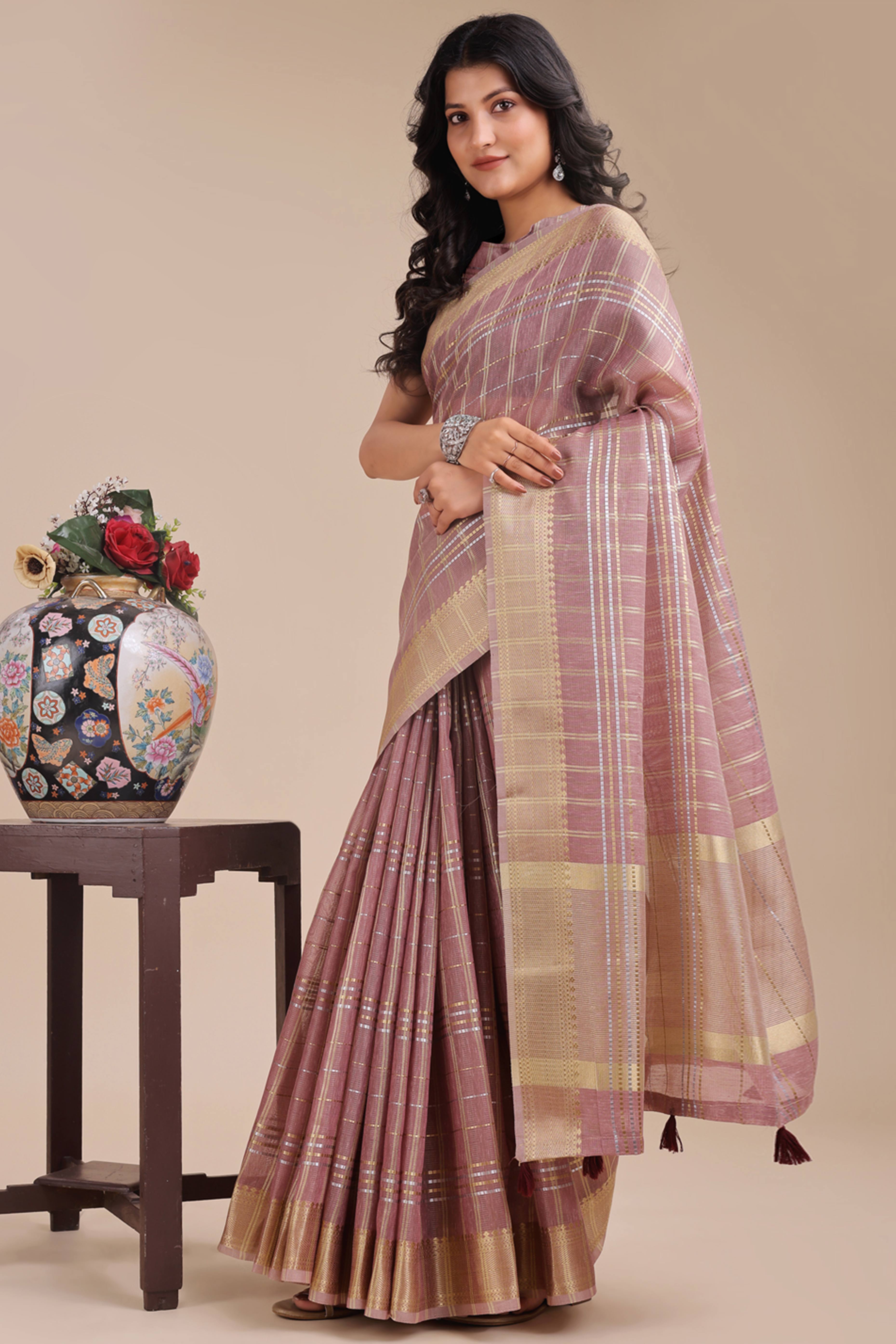 Dusty Mauve Organza Saree with Checkered Zari Weaving and Tassel Accents