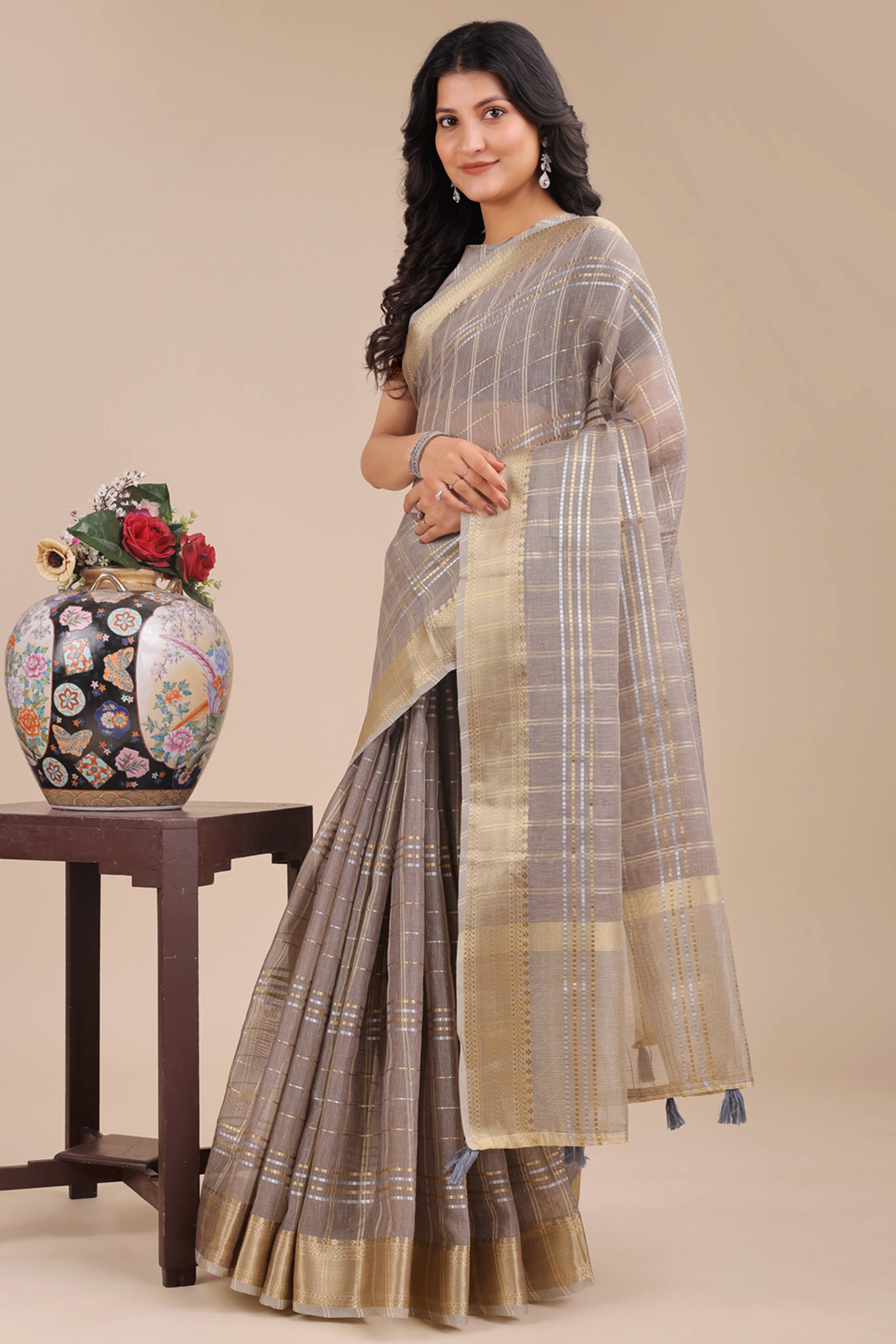 Taupe Grey Organza Saree with Checkered Zari Weaving and Tassel Finish