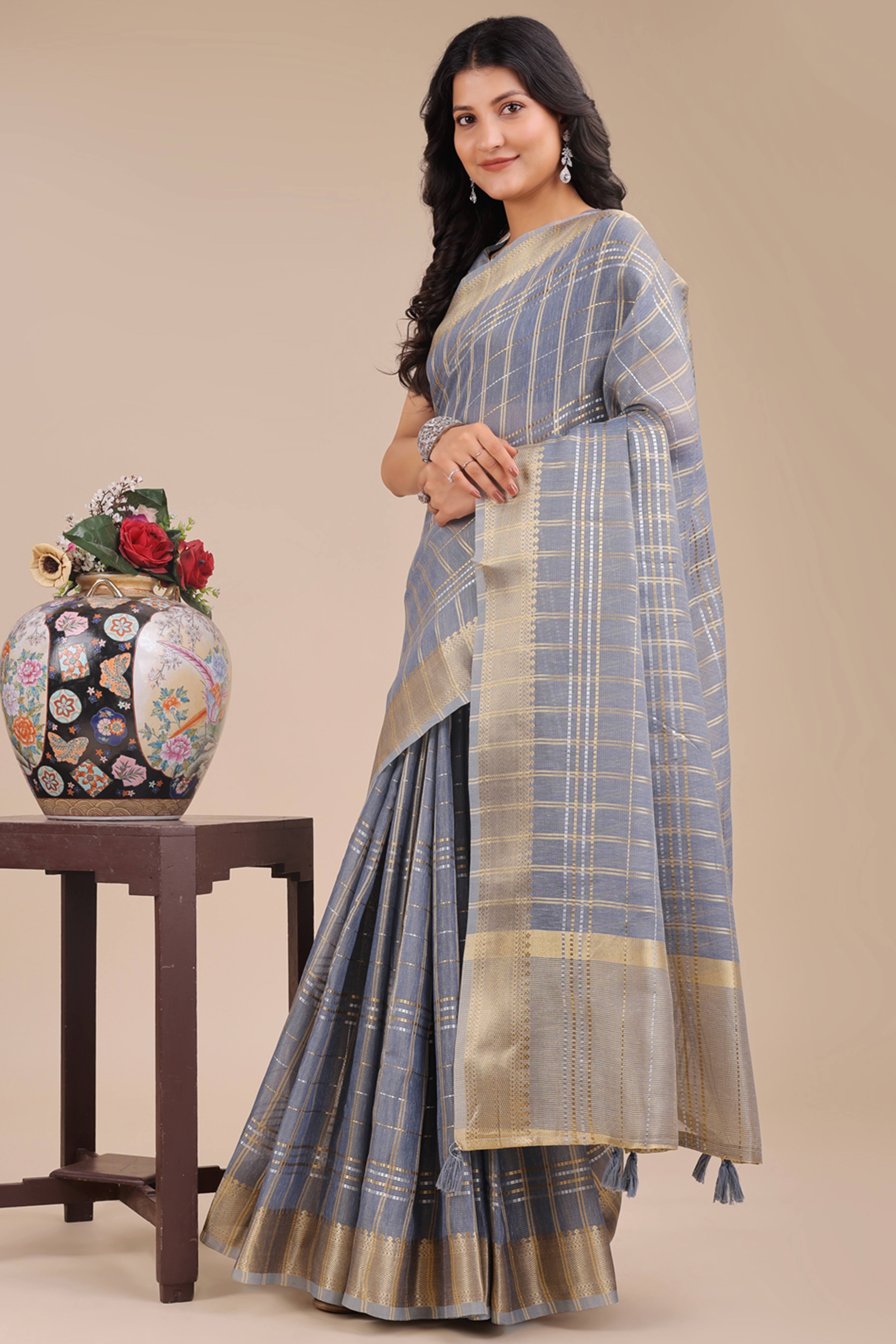 Sky Blue Organza Saree with Checkered Zari Weaving and Tassel Charm
