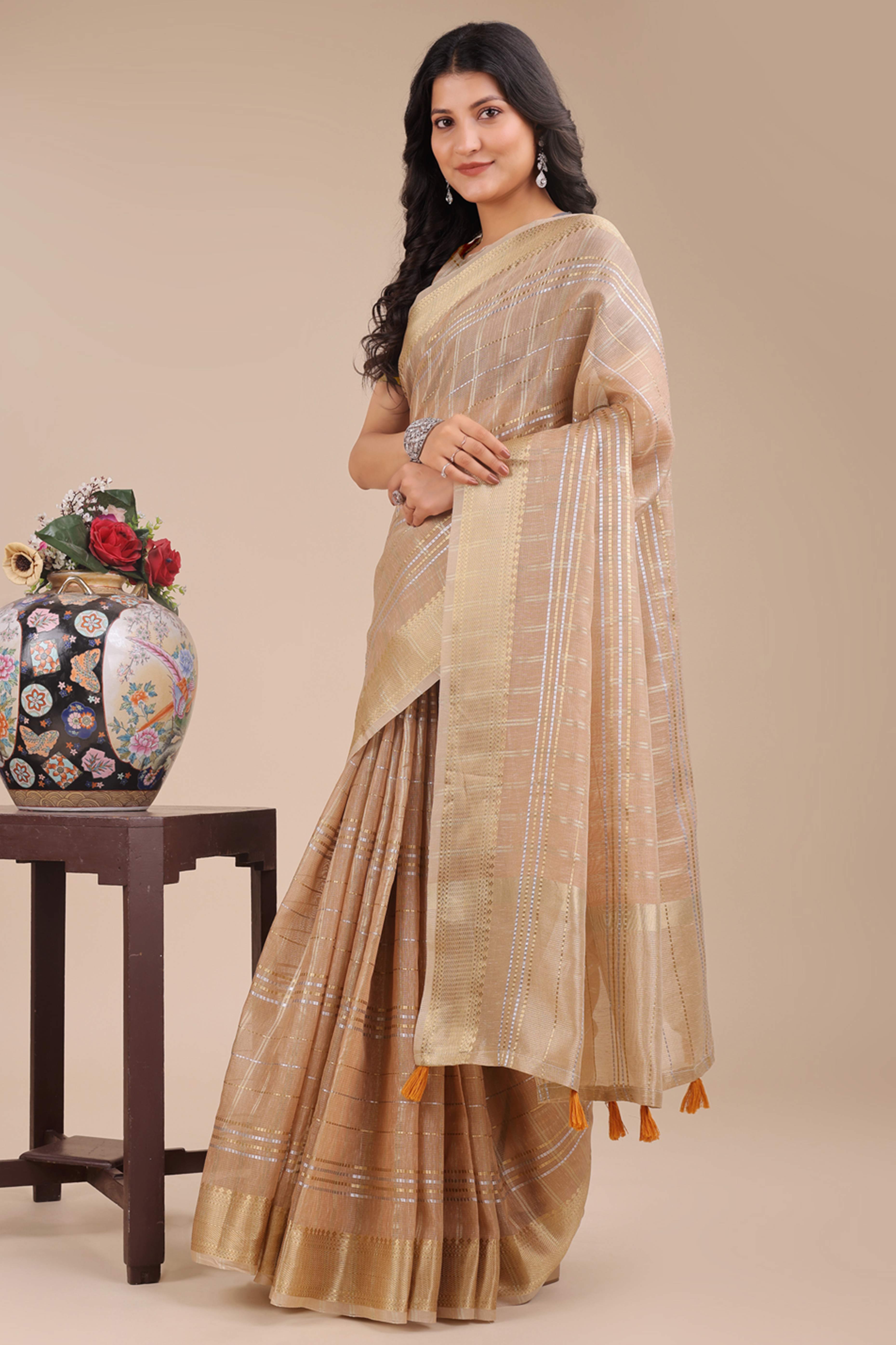 Beige Organza Saree with Checkered Zari Weaving and Tassel Elegance