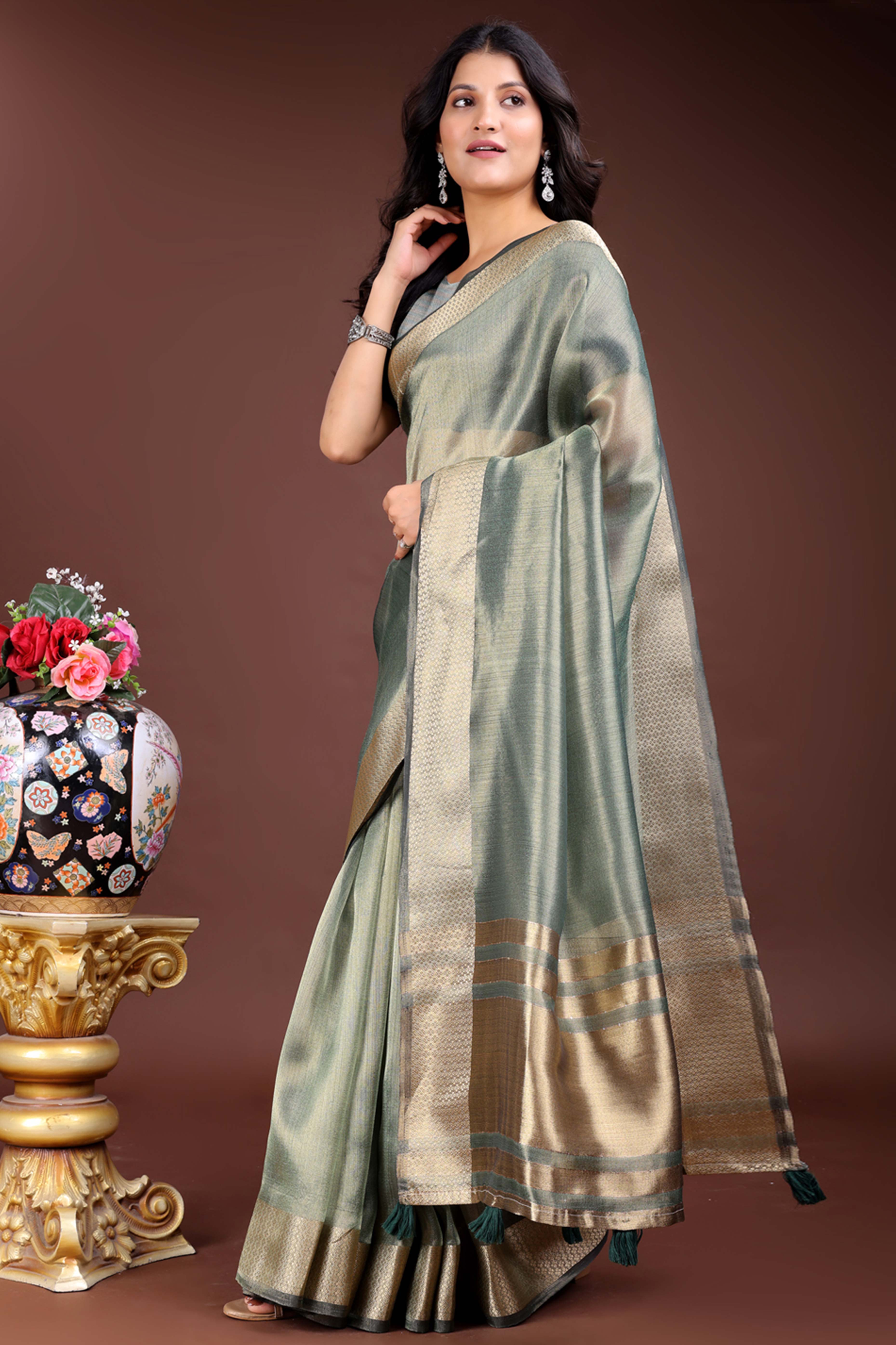 Sage Green Organza Saree with Zari Border Weaving Style