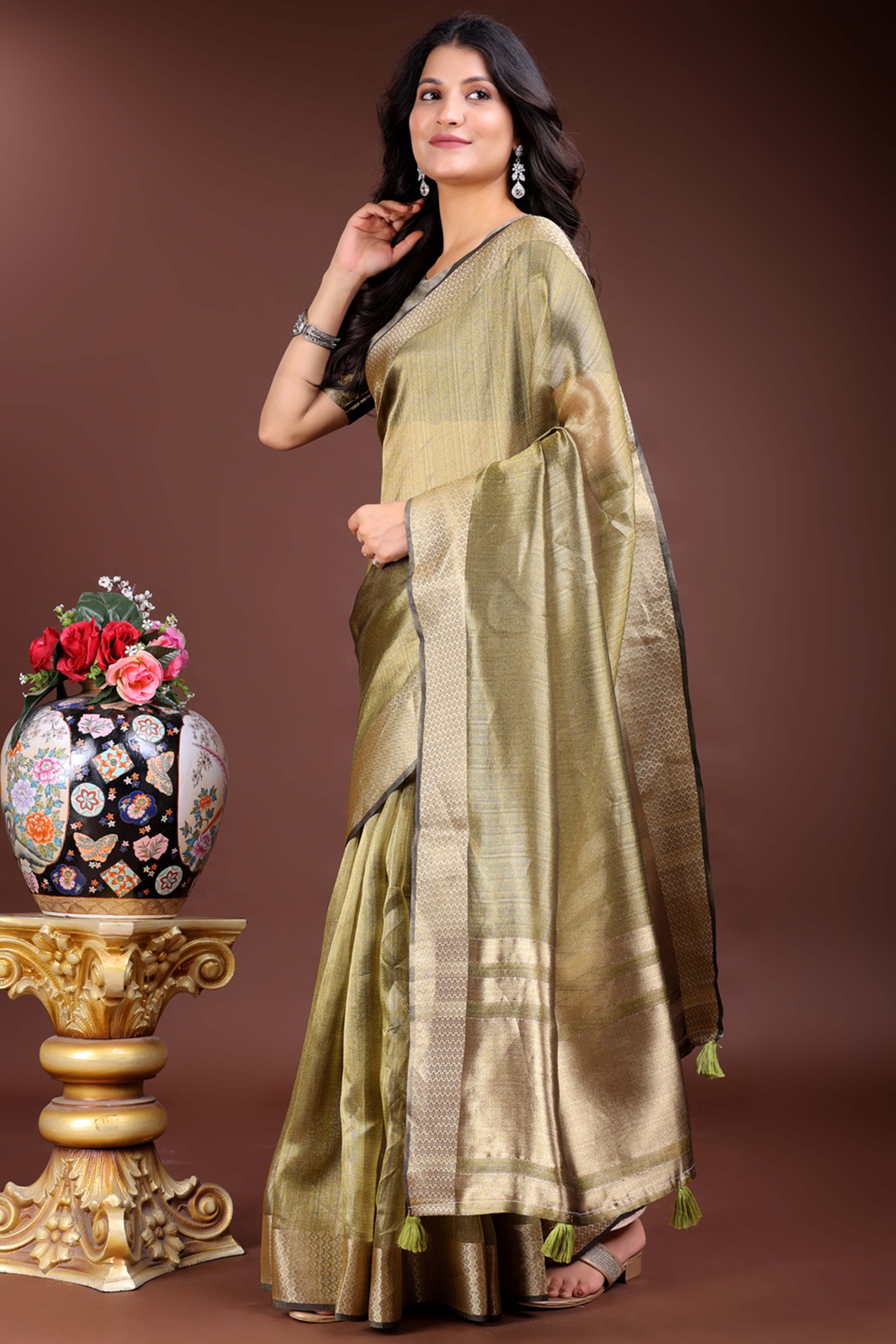 Mehendi Green Organza Saree with Zari Border Weaving Accent