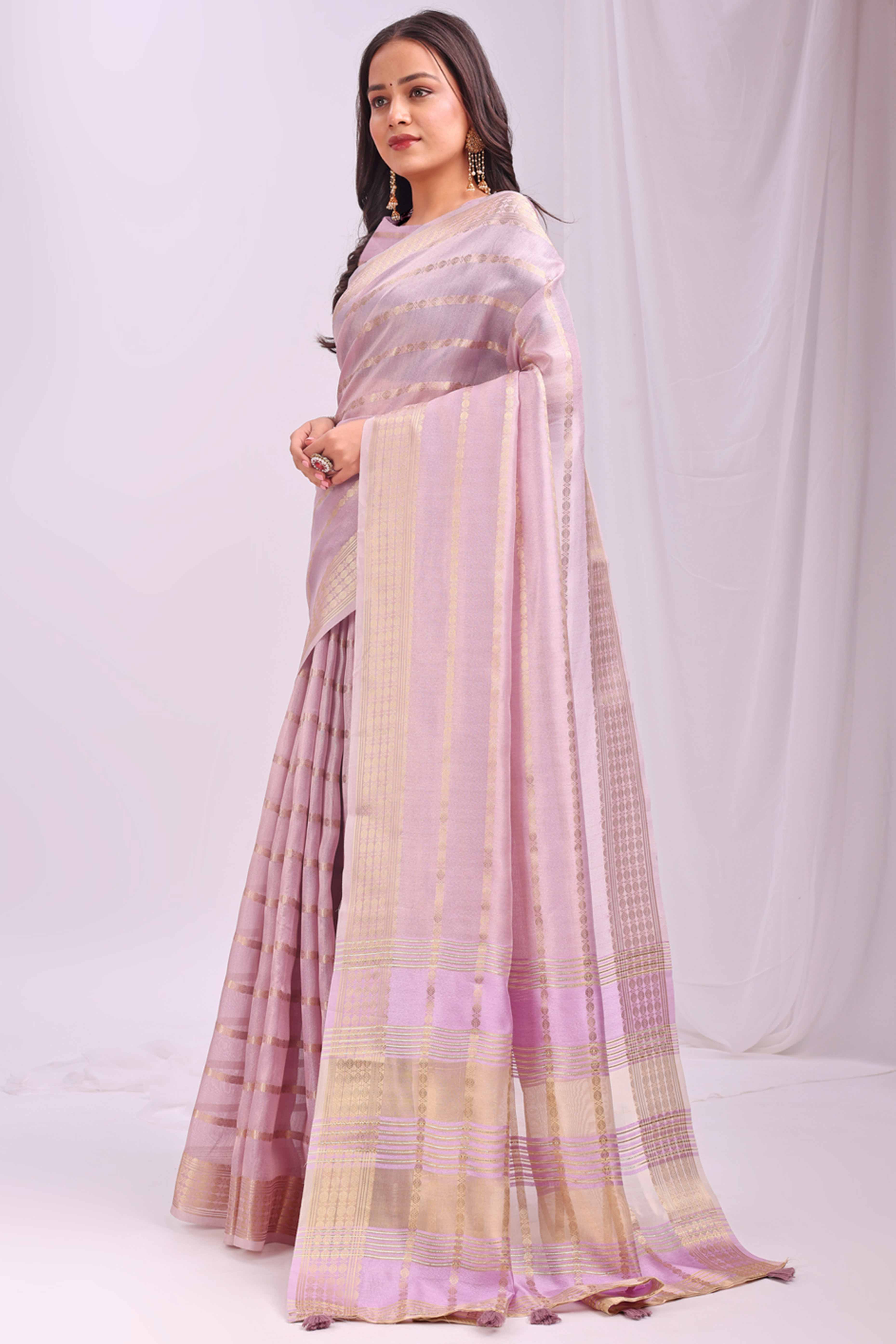 Light Pink Lightweight Organza Saree with Rich Zari Stripes Pattern