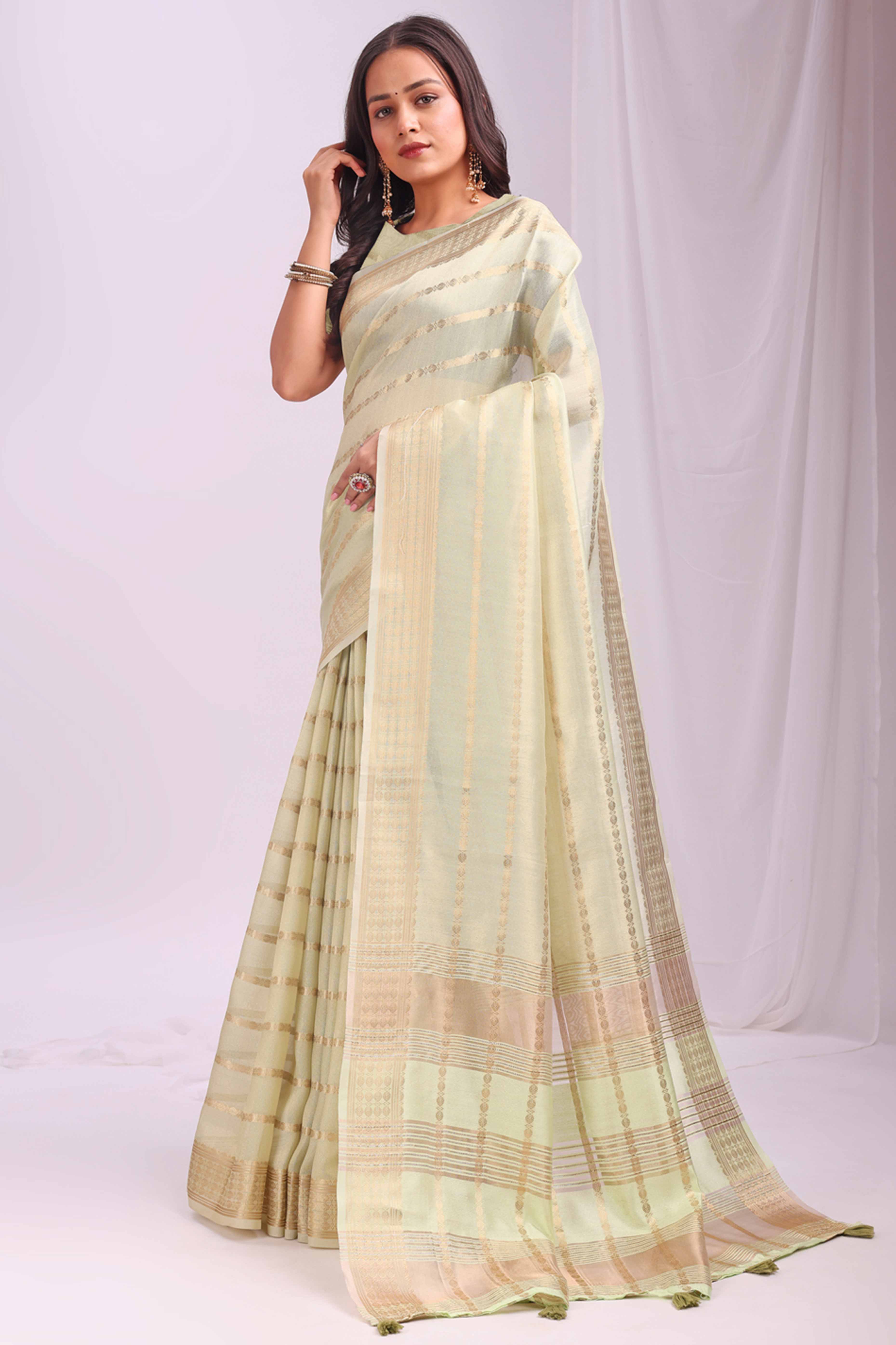Light Green Lightweight Organza Saree with Rich Zari Stripes Pattern