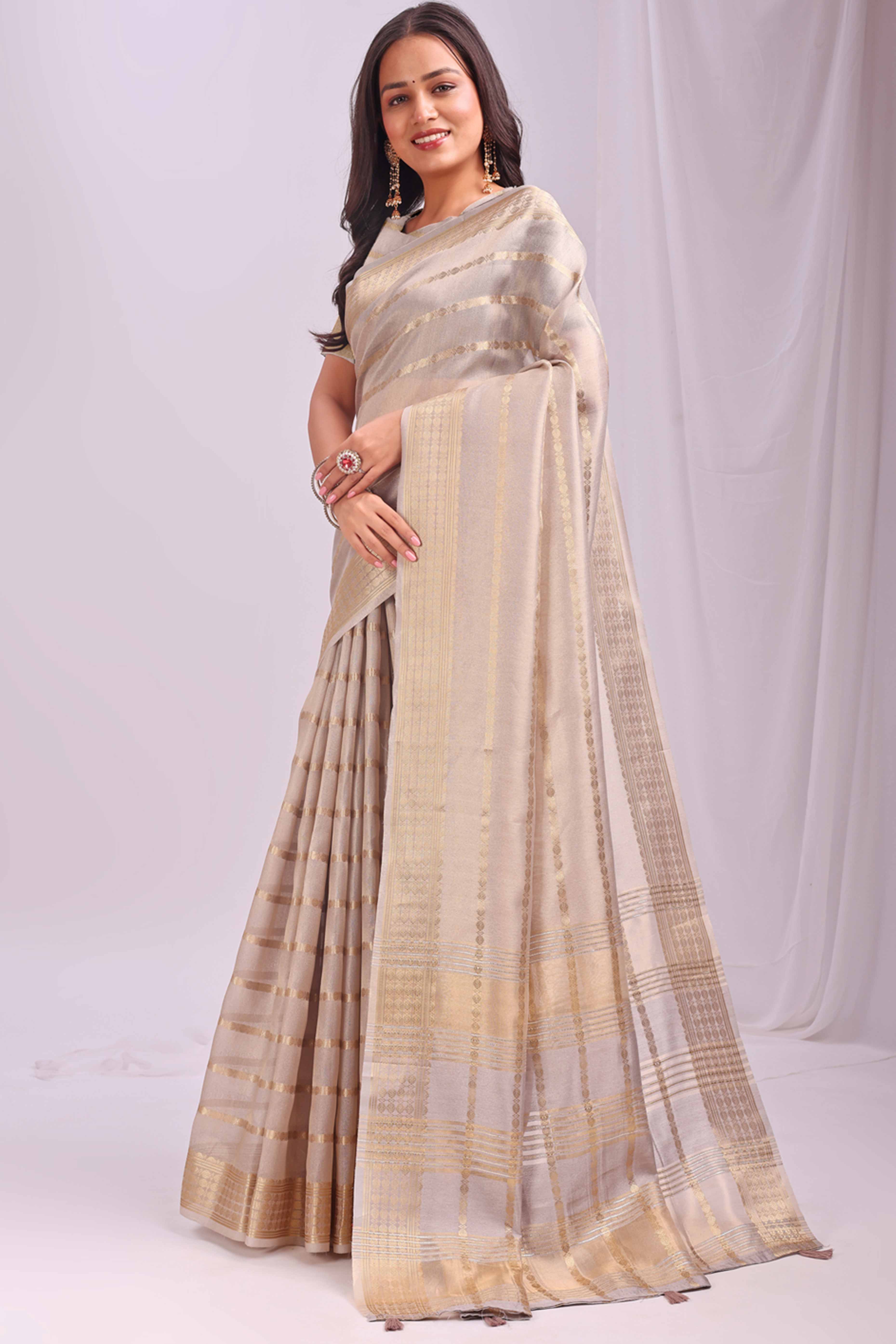 Cream Lightweight Organza Saree with Rich Zari Stripes Pattern