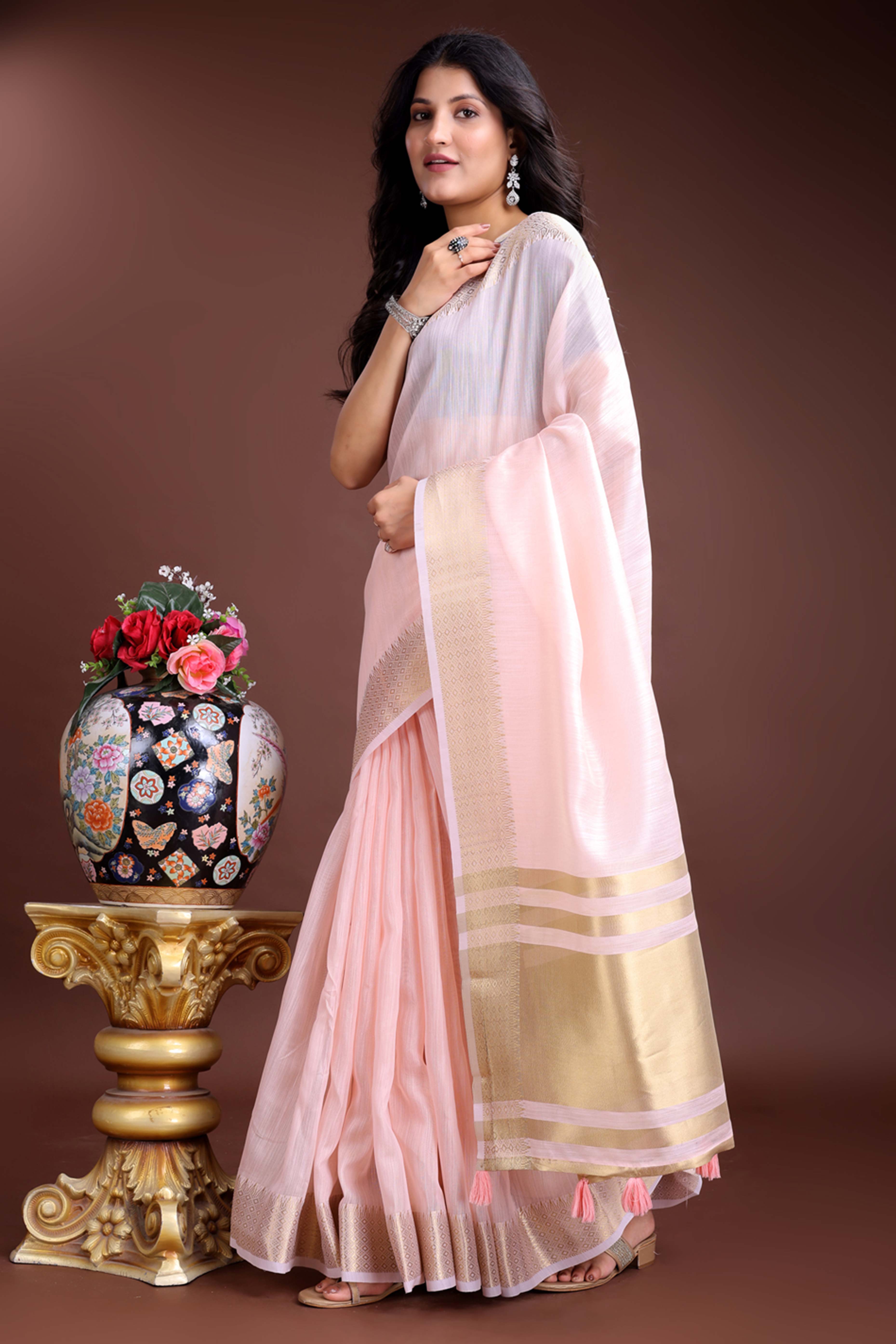 Light Pink Cotton Silk Saree with Zari Border Weaving