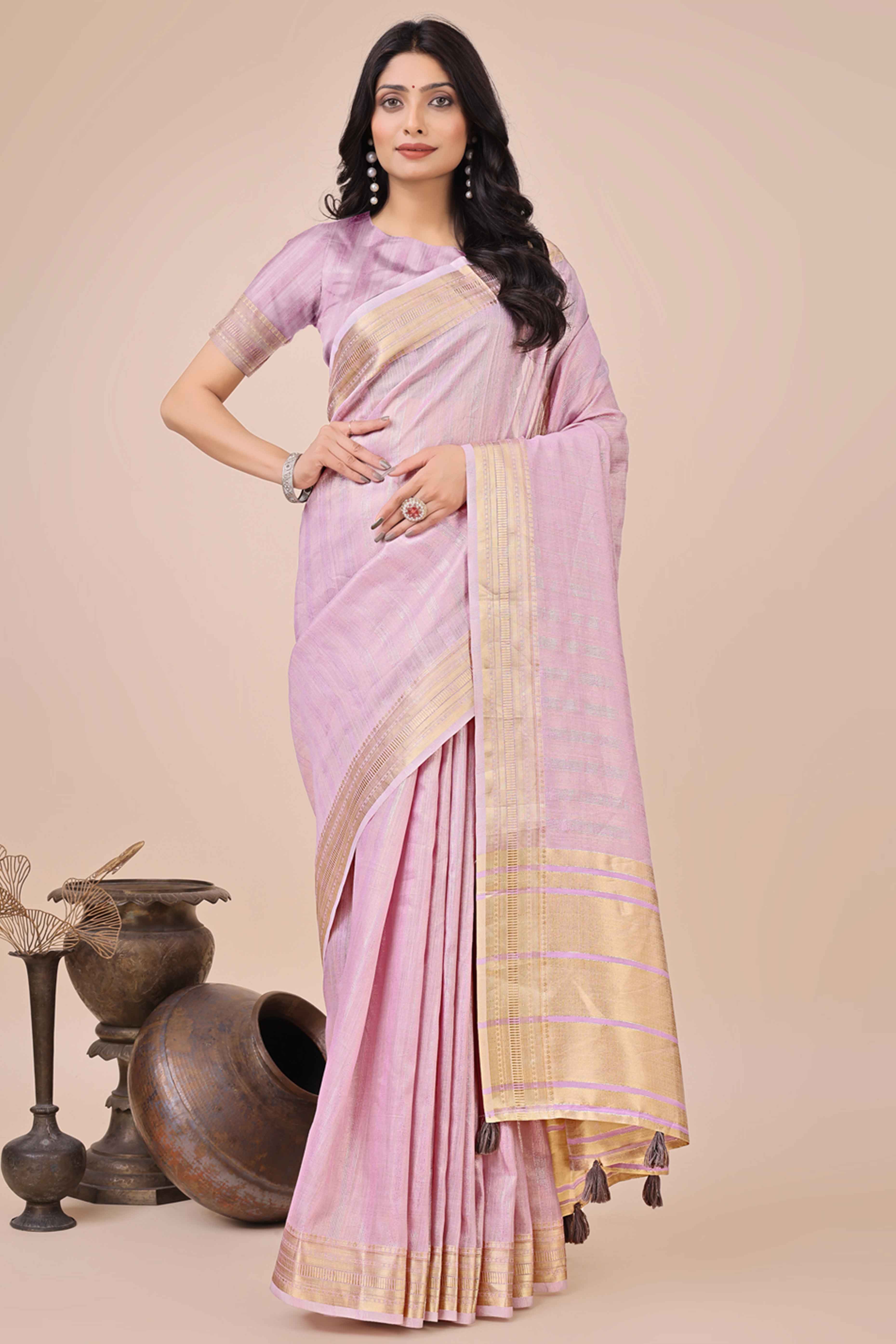 Onion Pink Organza Saree With Intricate Weave & Elegant Tassel Accents