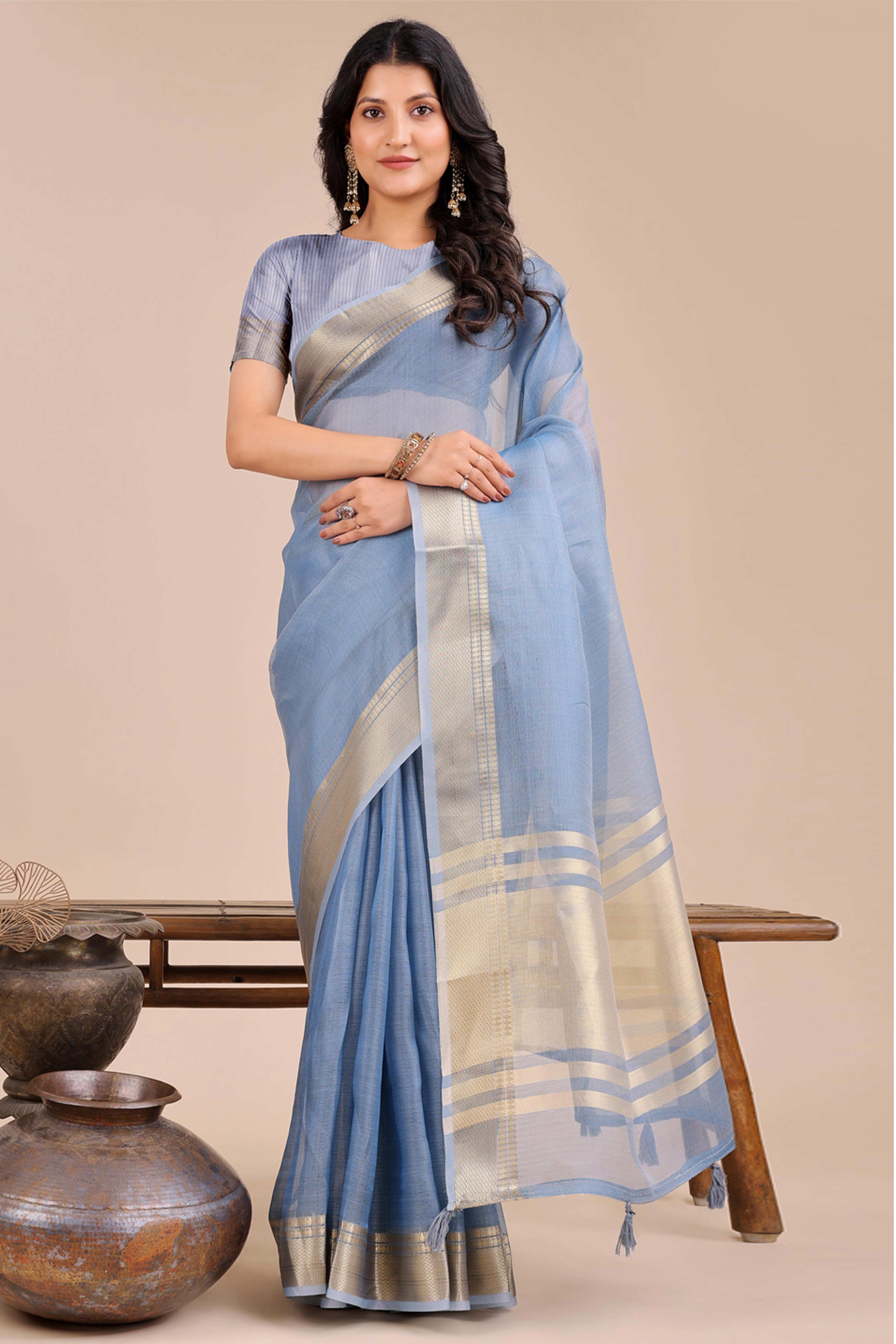 Soft Sky Blue Organza Saree with Detailed Zari Woven Edging