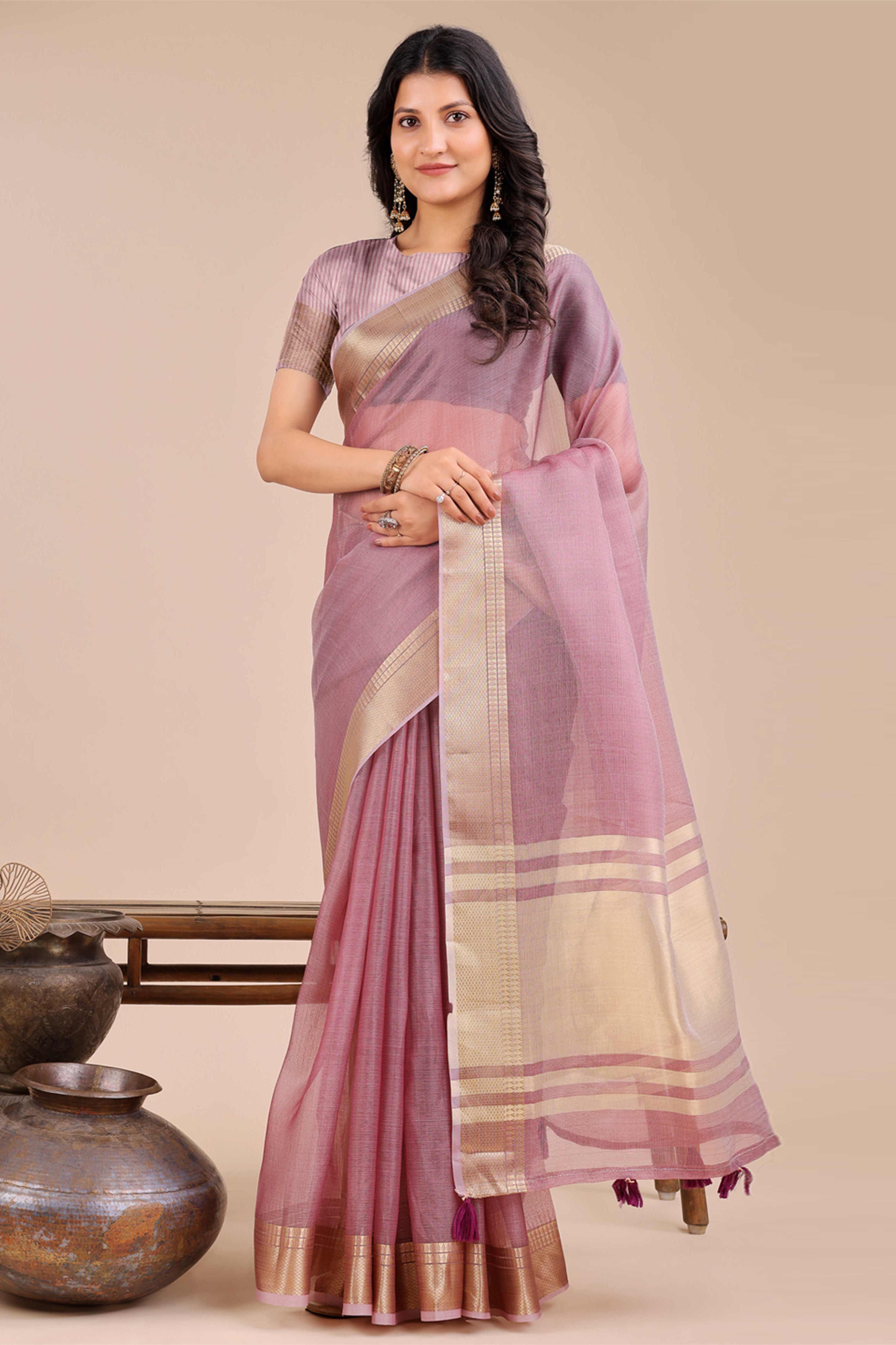 Soft Purple Organza Saree with Detailed Zari Woven Edging