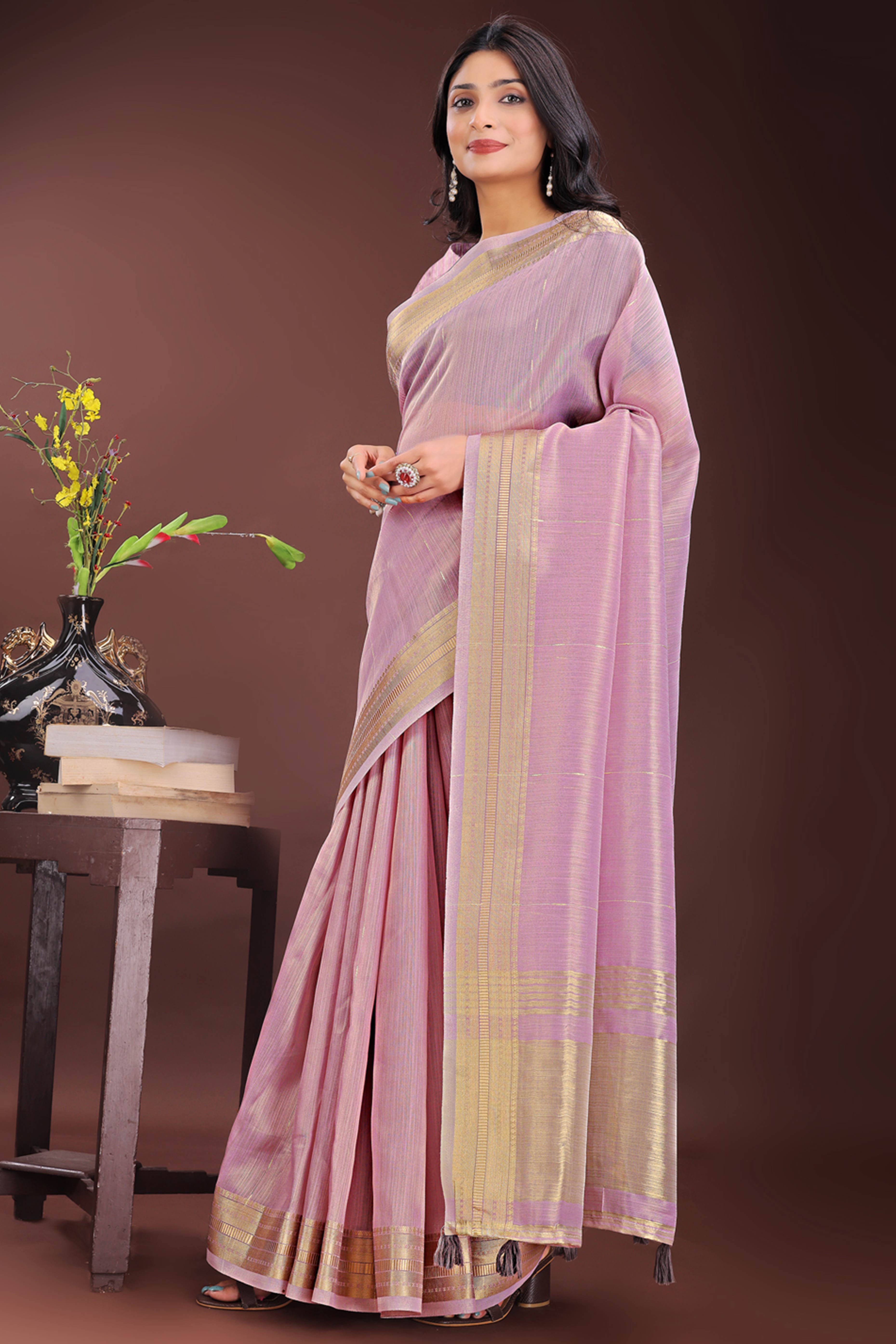 Onion Pink Organza Saree Adorned With Zari Weave & Tassel Edges