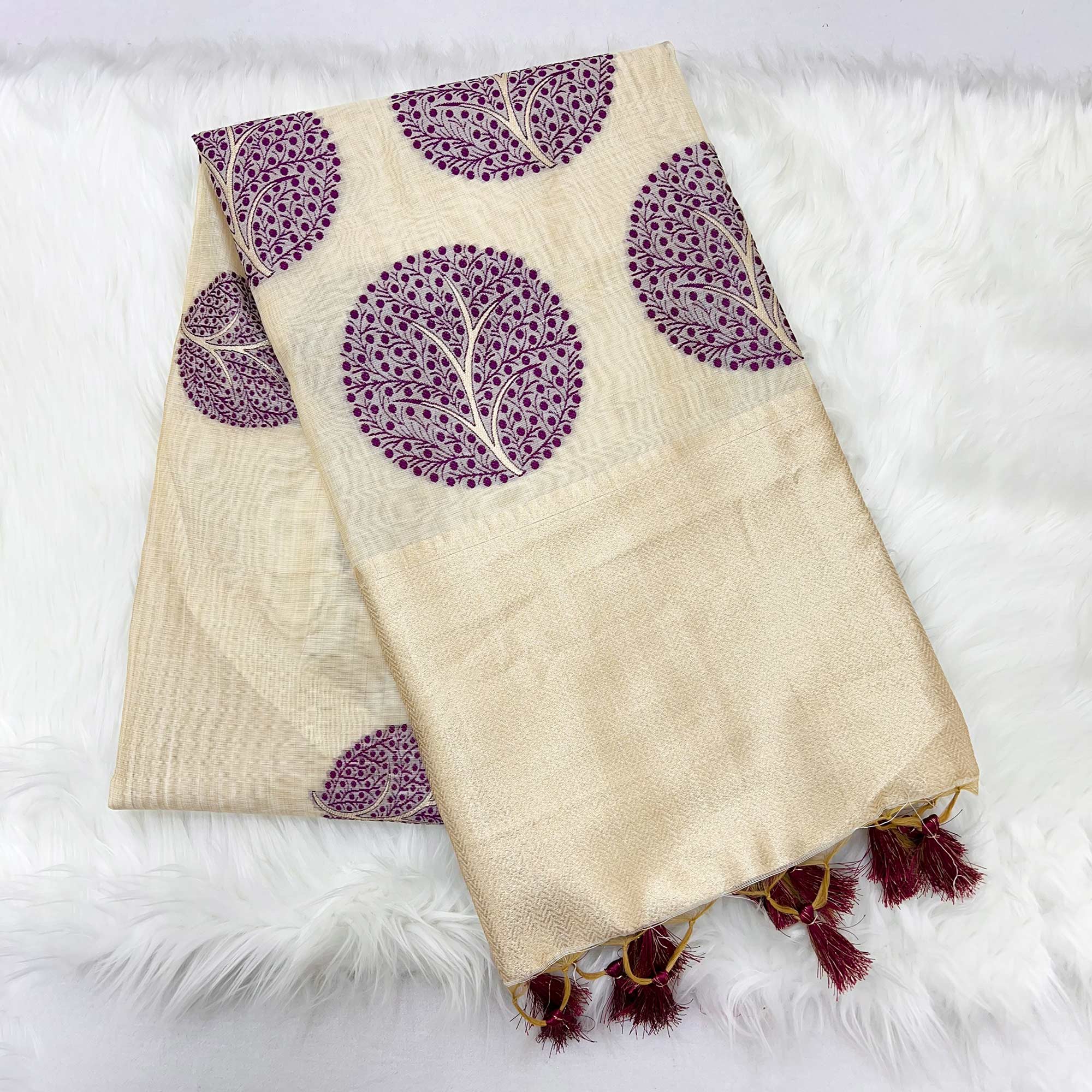 Beige & Purple Meenakari Crafted Soft Muga Cotton Saree Designed for Elegant Festive Styling