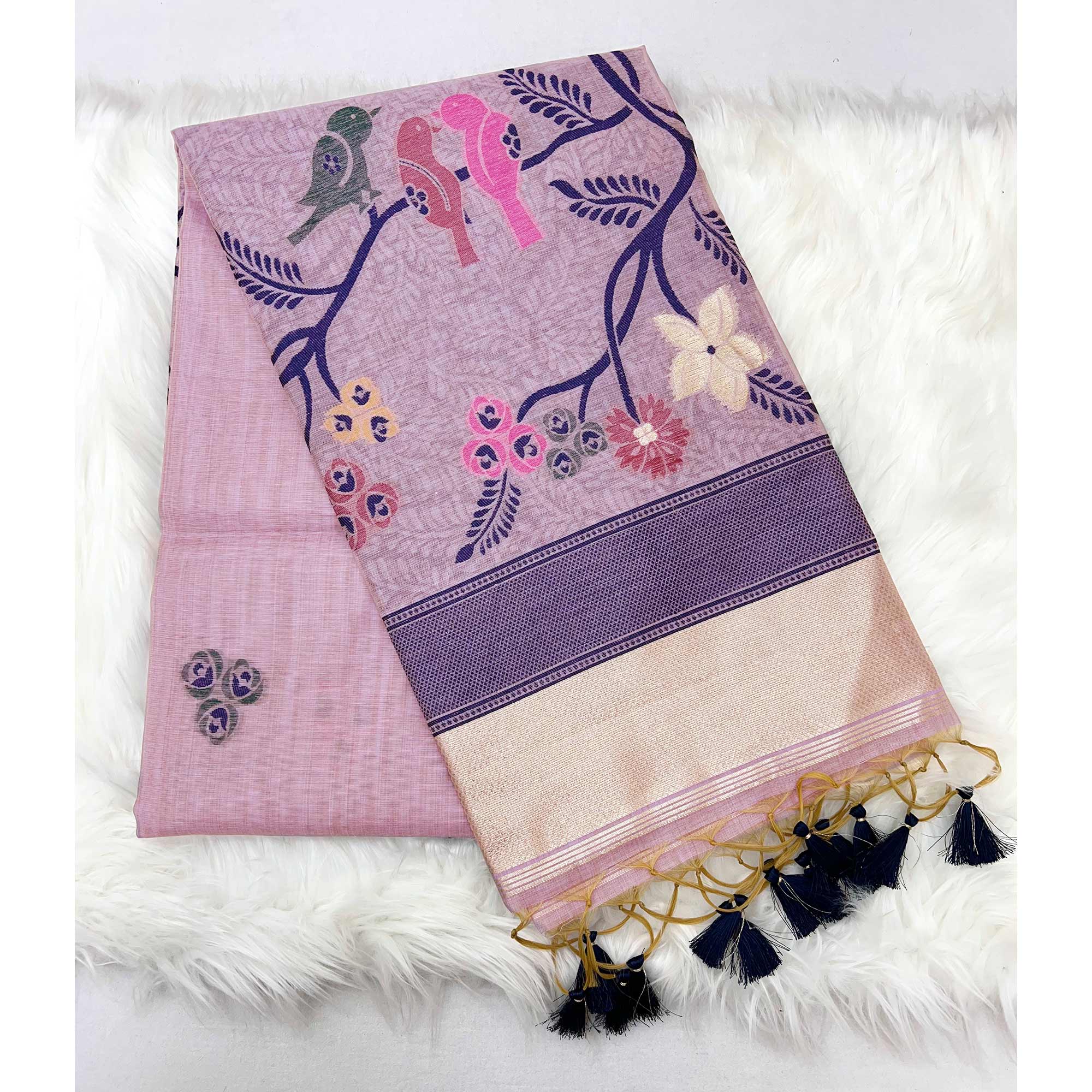 Lavender Meenakari Weaving Soft Muga Cotton Saree Designed for a Graceful Ethnic Appeal