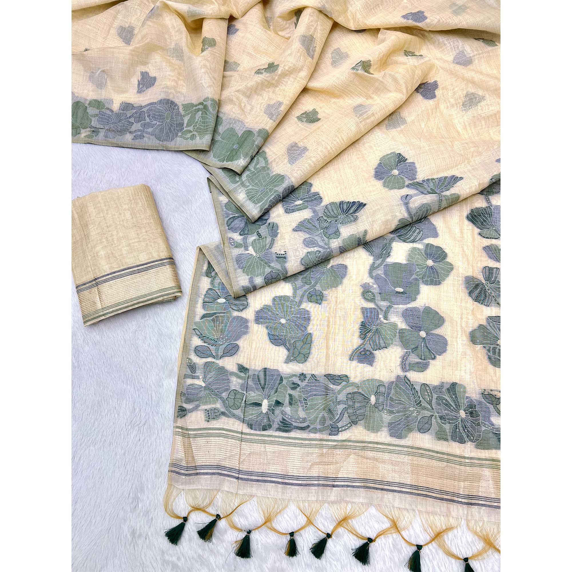 Beige Handwoven Muga Cotton Saree Decorated with Fine Meenakari Weaving Patterns