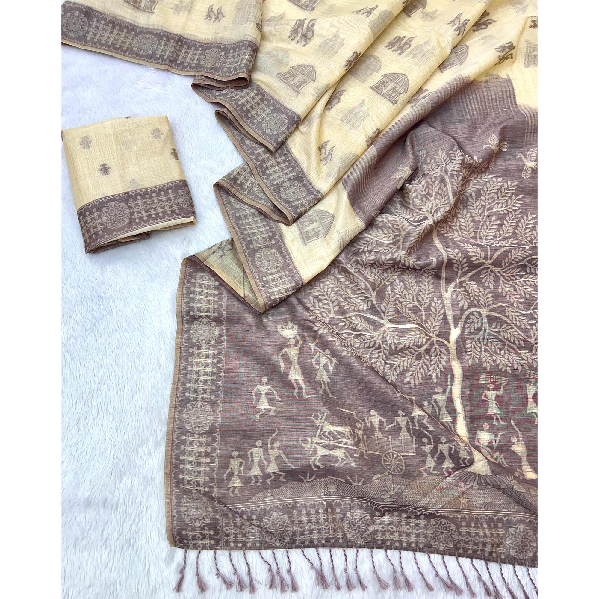 Beige Meenakari Weaving Soft Muga Cotton Saree Designed for Elegant Festive Wear
