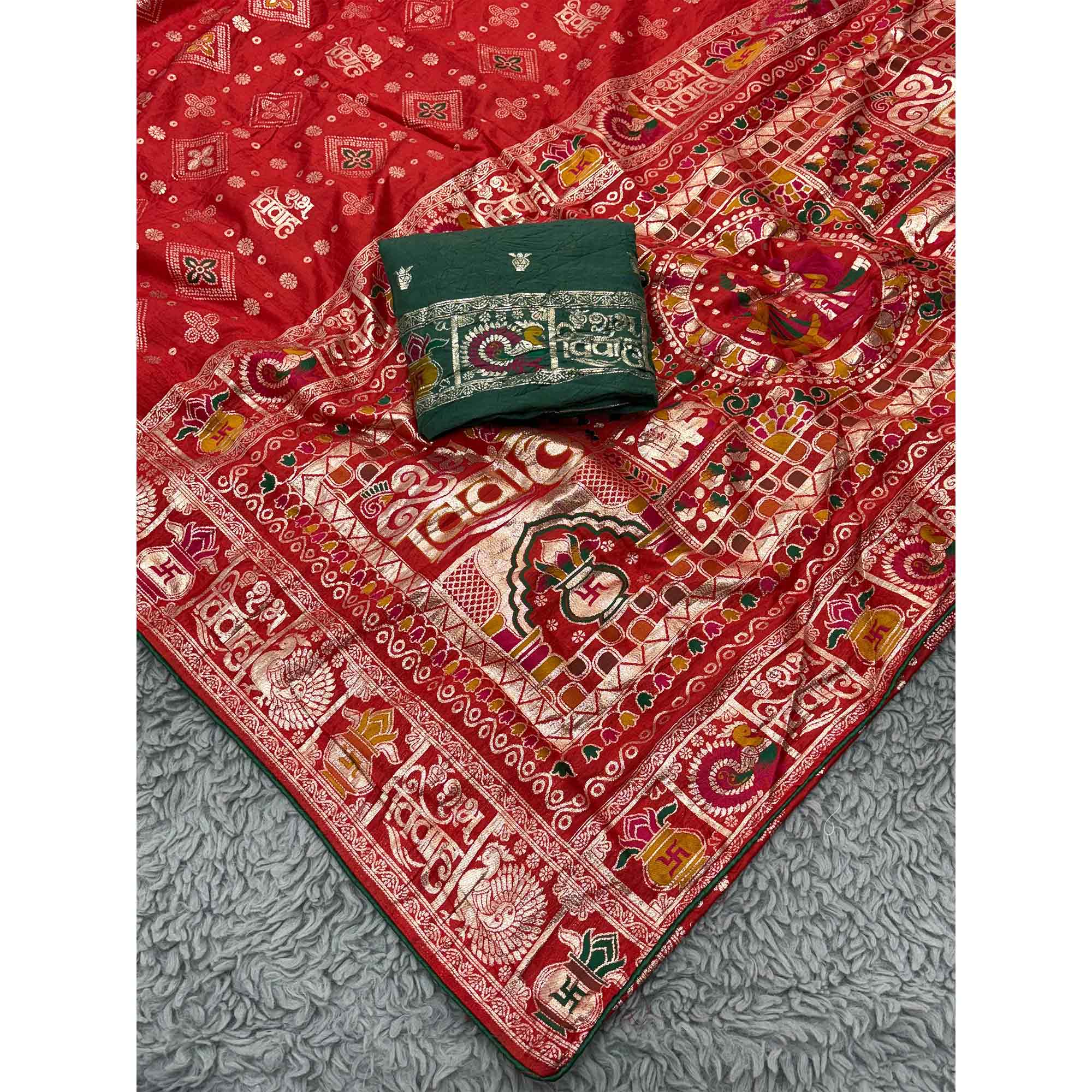 Red Artistic Meenakari Zari Woven Muslin Soft Saree with Smooth Fall
