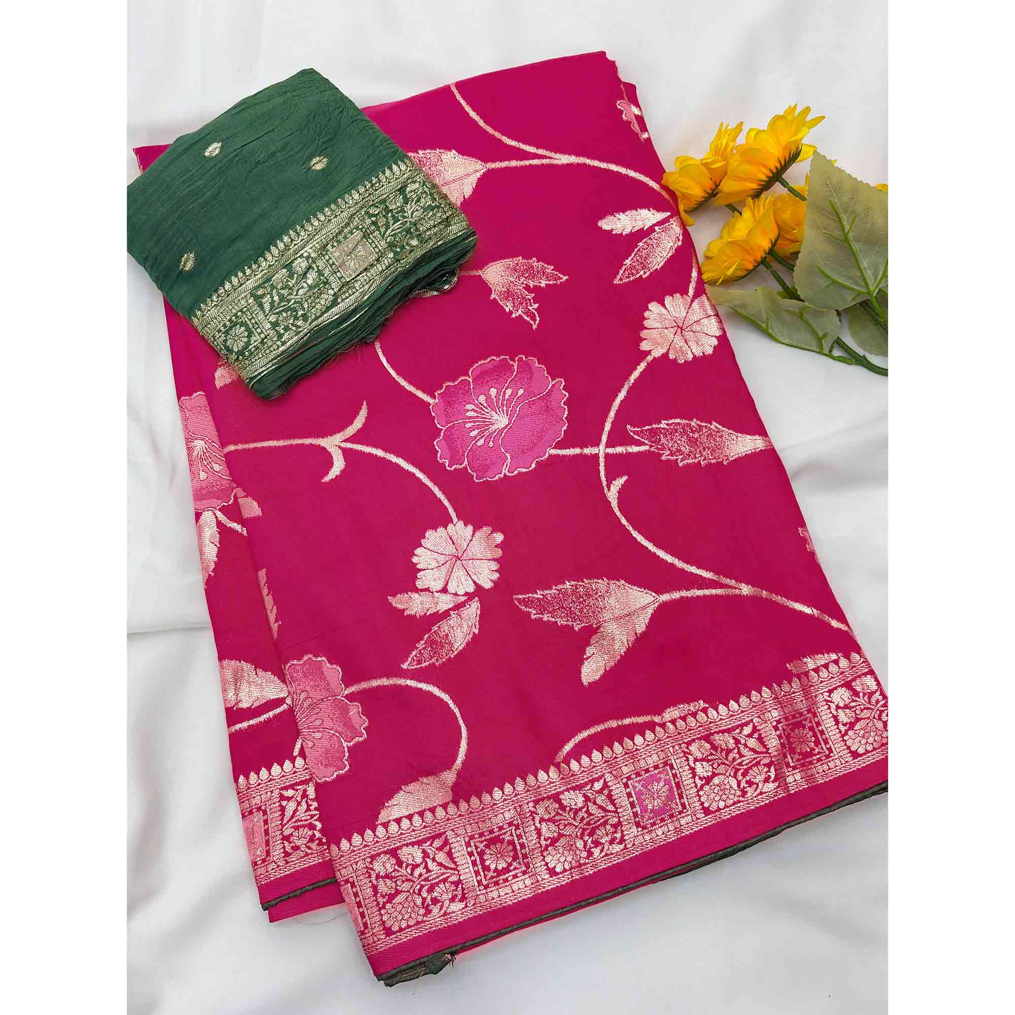 Pink Graceful Soft Muslin Saree Highlighted with Premium Meenakari Zari Work