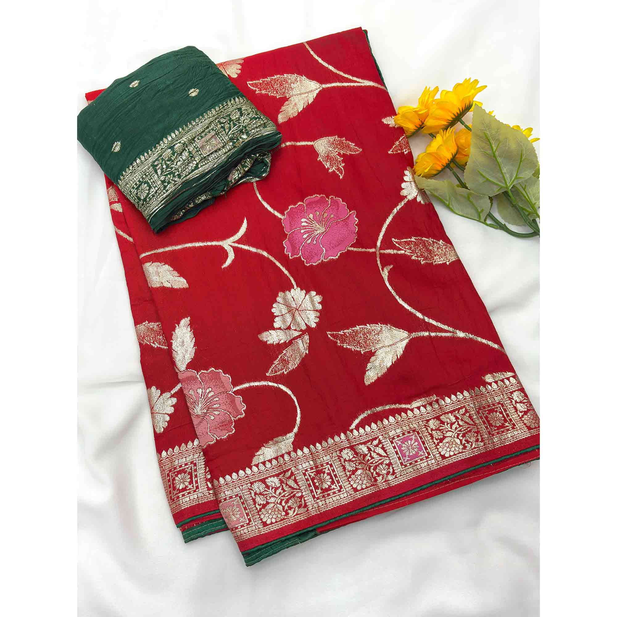 Red Graceful Soft Muslin Saree Highlighted with Premium Meenakari Zari Work