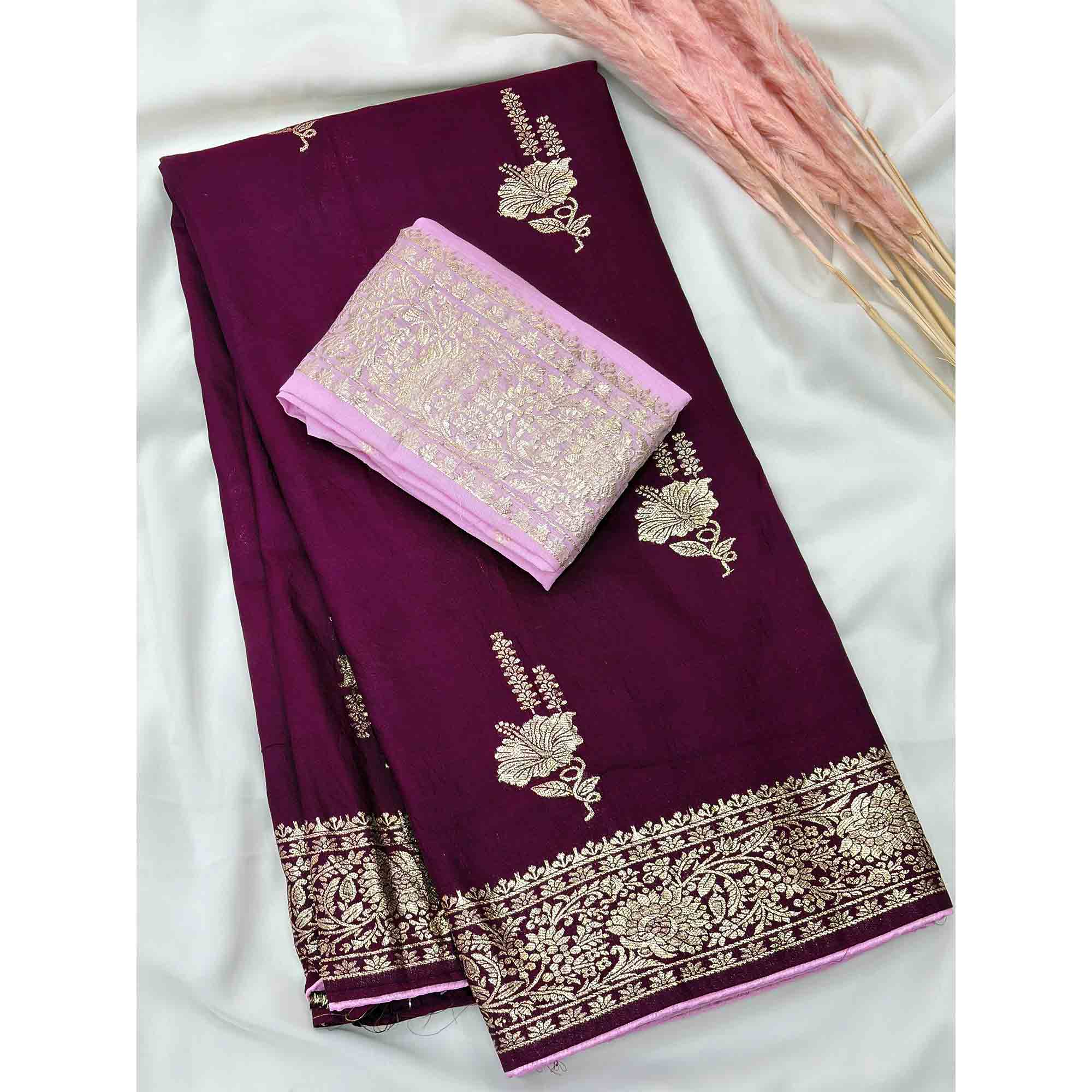 Purple Traditional Muslin Soft Saree Featuring Luxurious Meenakari Zari Patterns