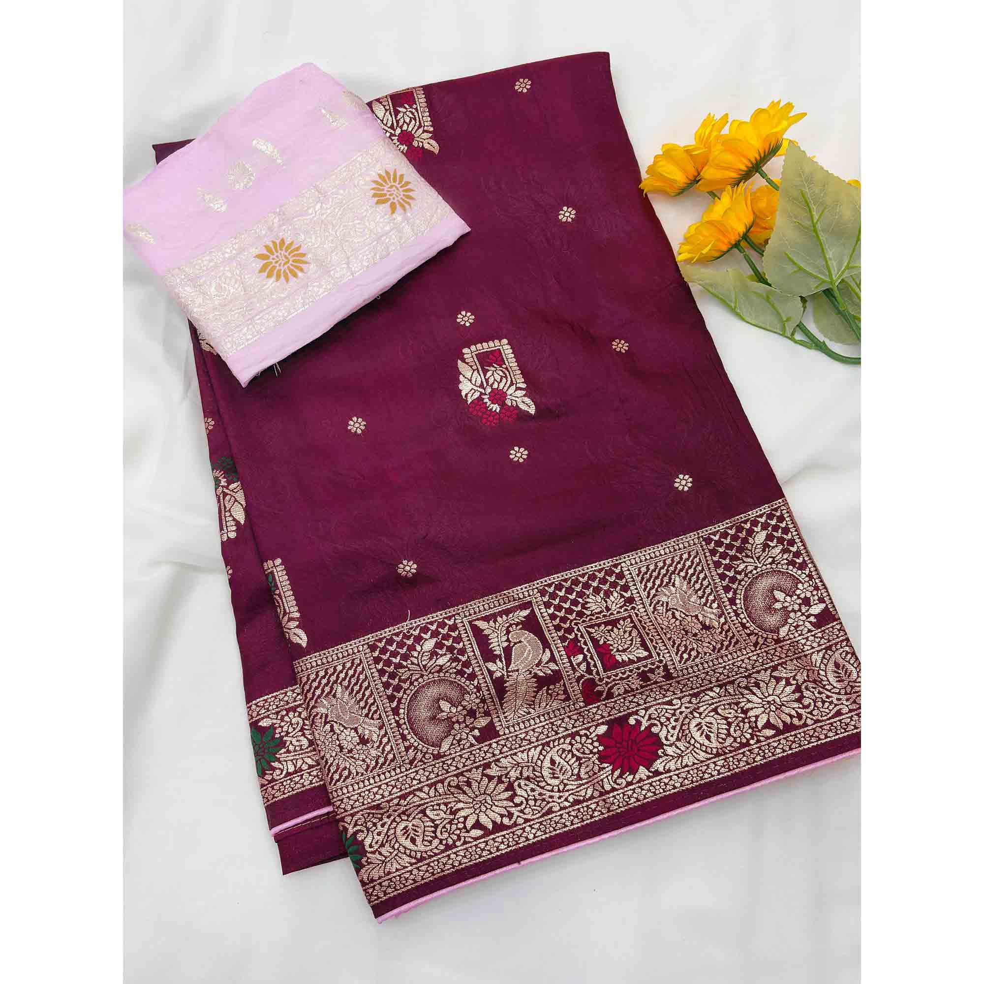 Purple Lightweight Muslin Soft Saree Beautified with Classic Meenakari Zari Weaves
