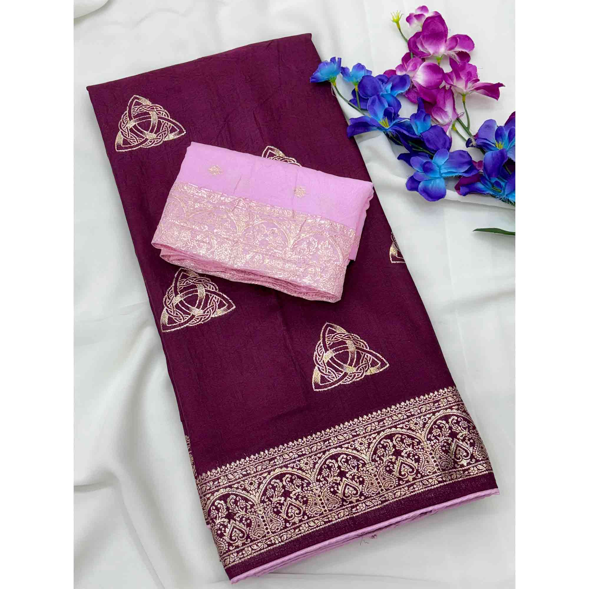 Purple Festive Wear Muslin Soft Saree Enriched with Intricate Meenakari Zari Designs