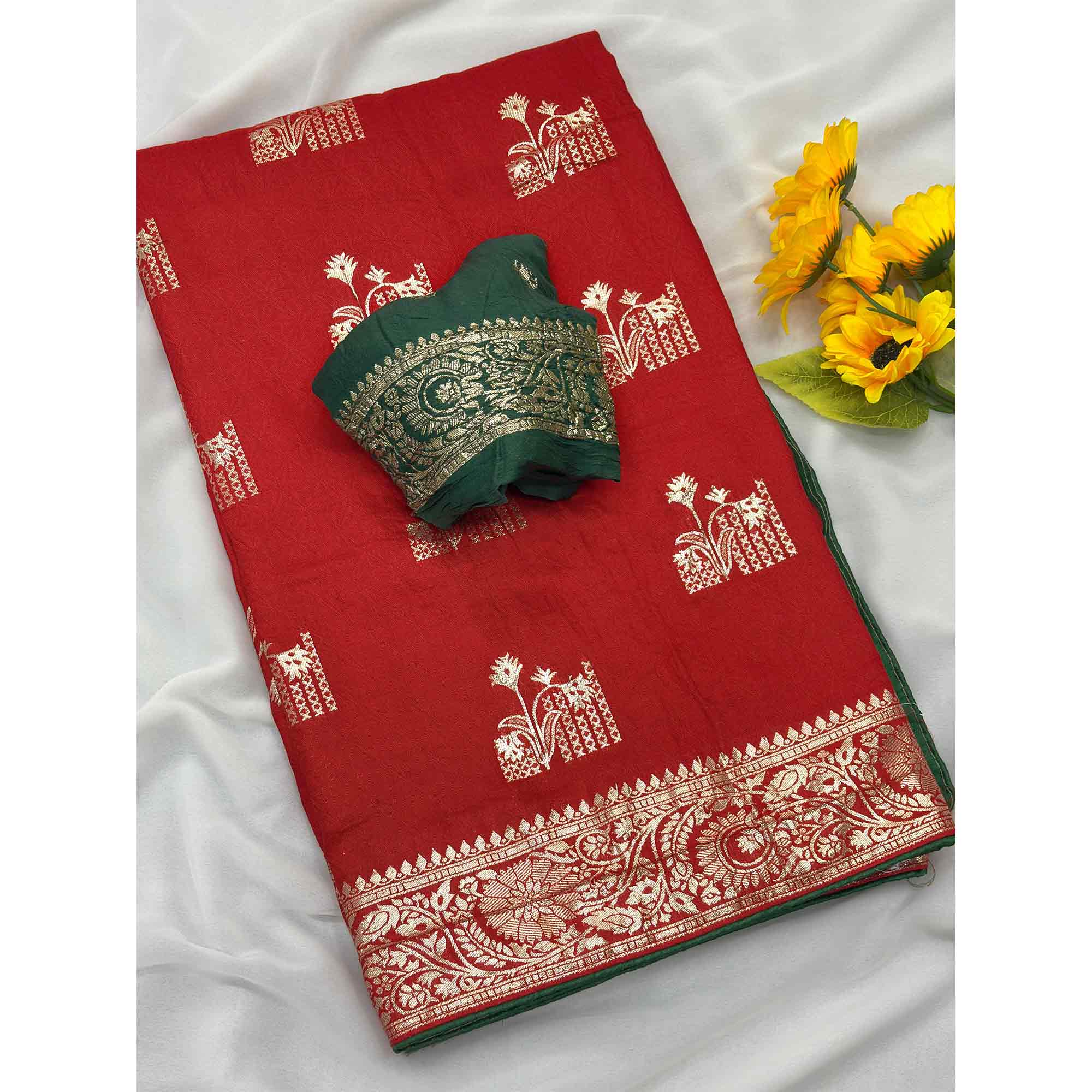 Red Elegant Soft Muslin Saree with Fine Meenakari Zari Woven Motifs