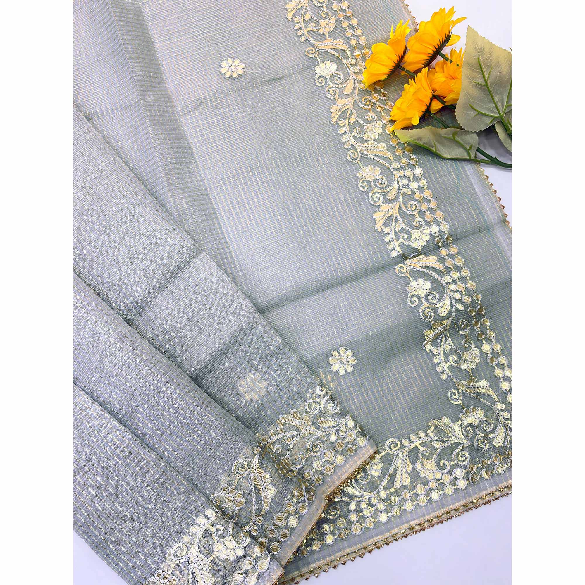 Grey Pure Kota Doria Saree Adorned with Exquisite Gota Work Embroidery