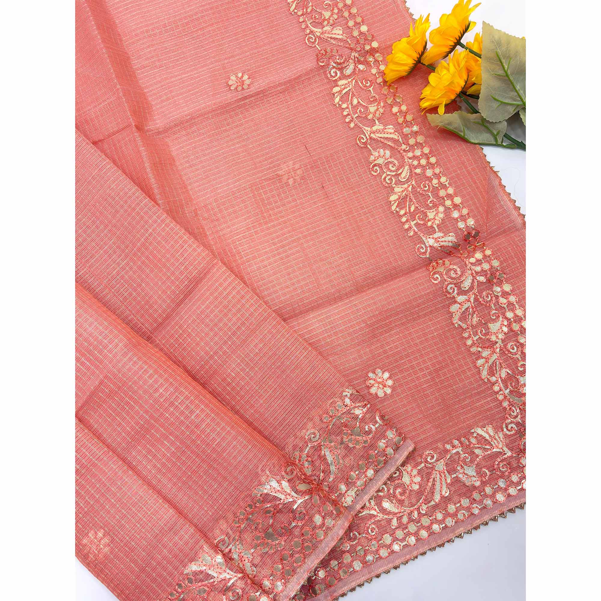 Peach Pure Kota Doria Saree Adorned with Exquisite Gota Work Embroidery