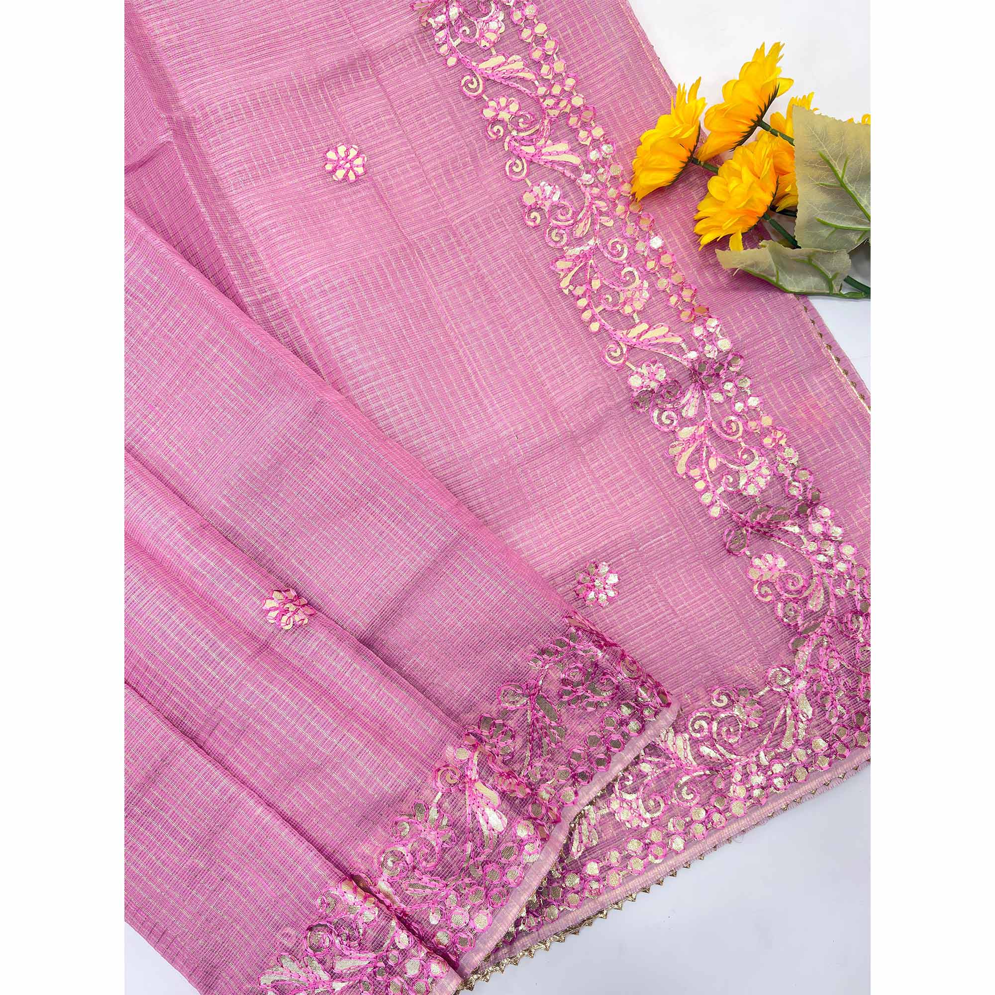 Pink Pure Kota Doria Saree Adorned with Exquisite Gota Work Embroidery