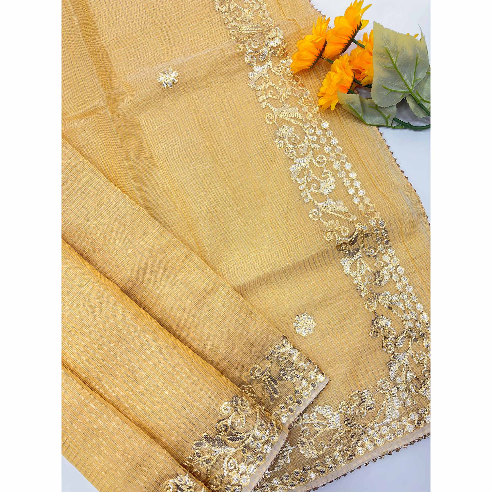 Yellow Pure Kota Doria Saree Adorned with Exquisite Gota Work Embroidery