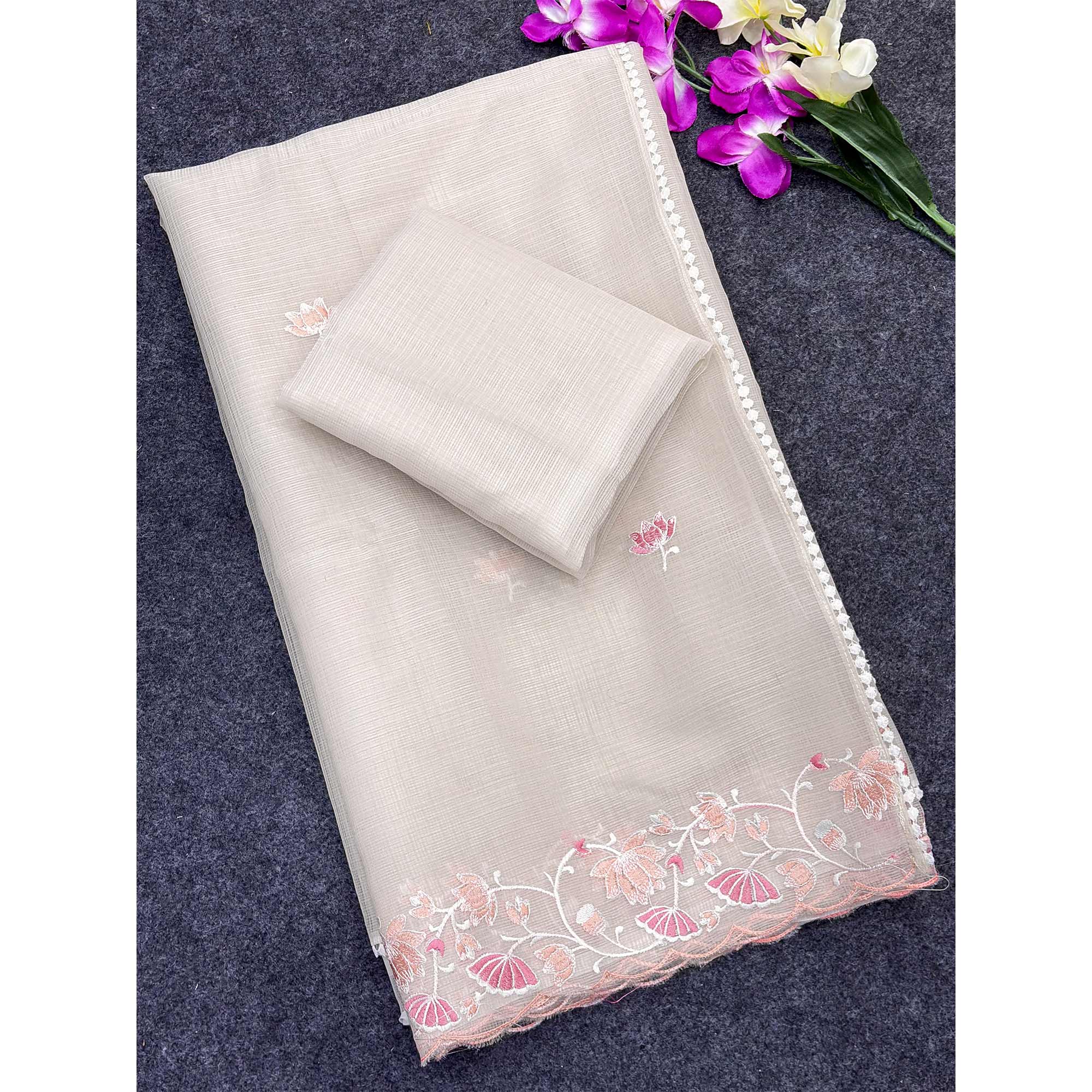 Cream Handwoven Kota Doria Saree Featuring Rich Gota Work for a Festive Look