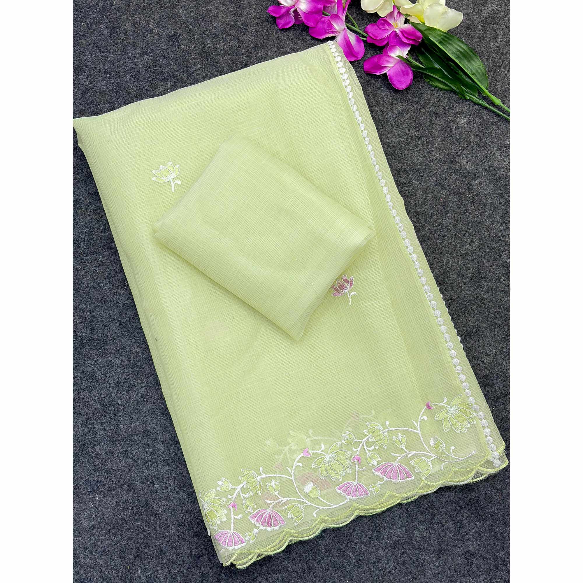 Green Handwoven Kota Doria Saree Featuring Rich Gota Work for a Festive Look