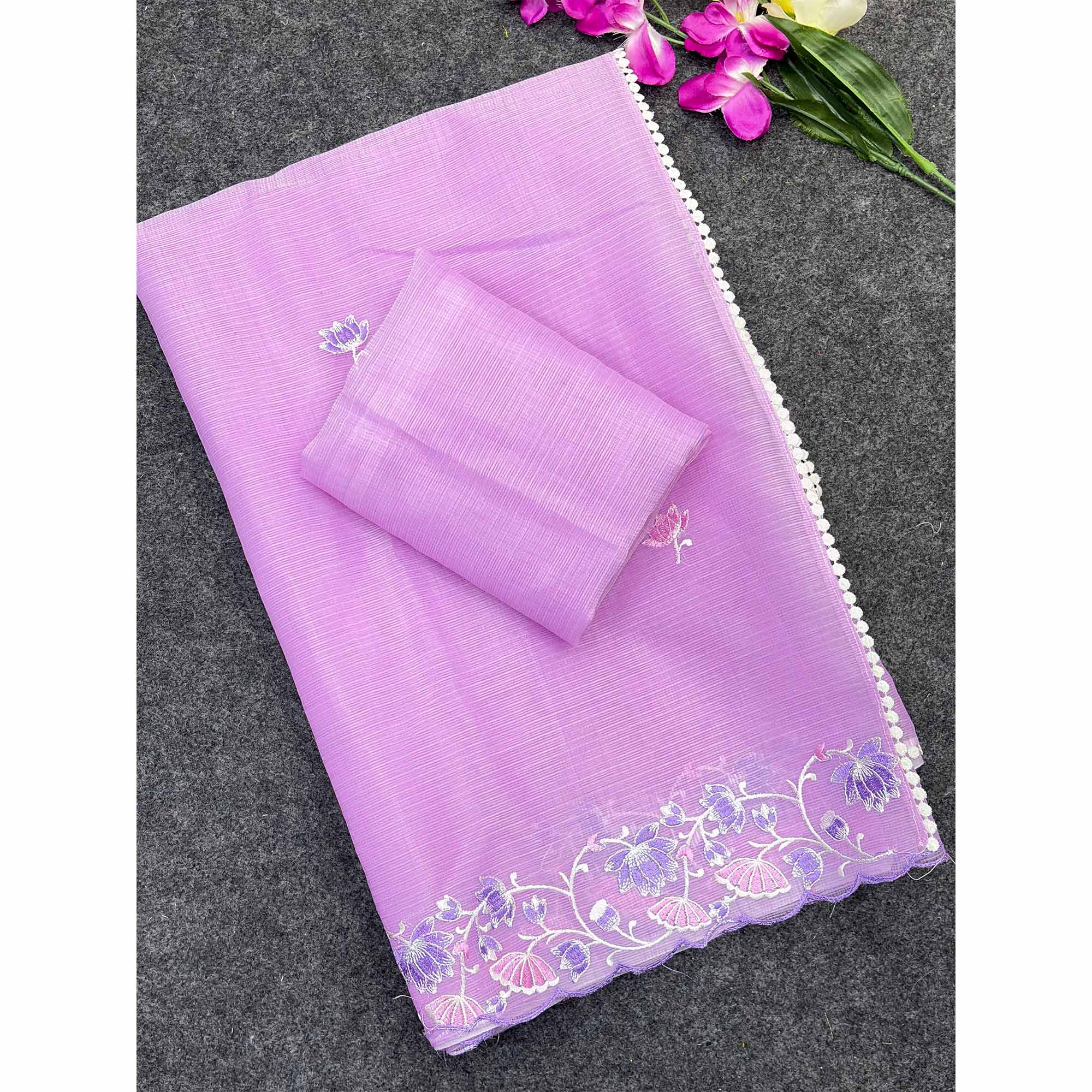 Light Purple Handwoven Kota Doria Saree Featuring Rich Gota Work for a Festive Look