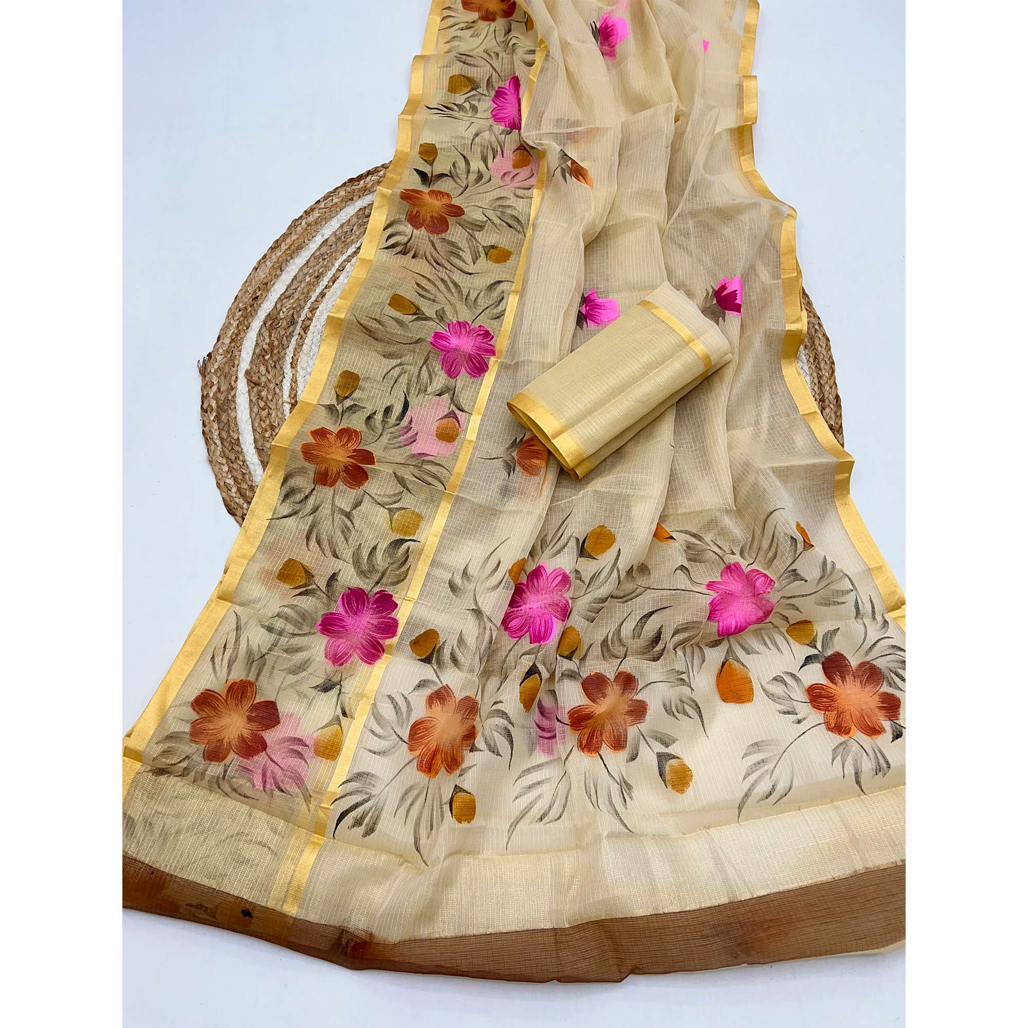 Beige Floral Brush-Painted Kota Doria Saree with Elegant Artistic Detailing