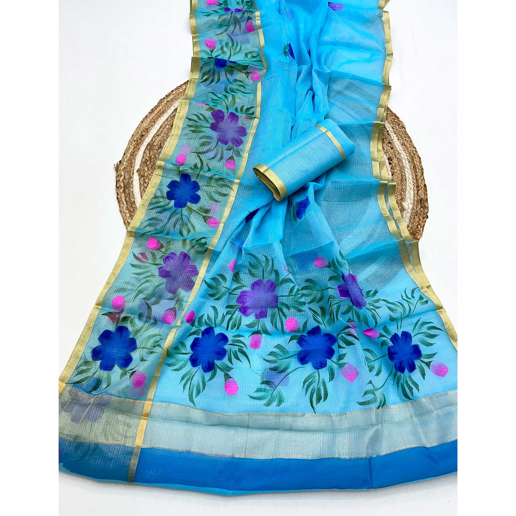Blue Floral Brush-Painted Kota Doria Saree with Elegant Artistic Detailing