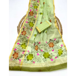 Green Floral Brush-Painted Kota Doria Saree with Elegant Artistic Detailing