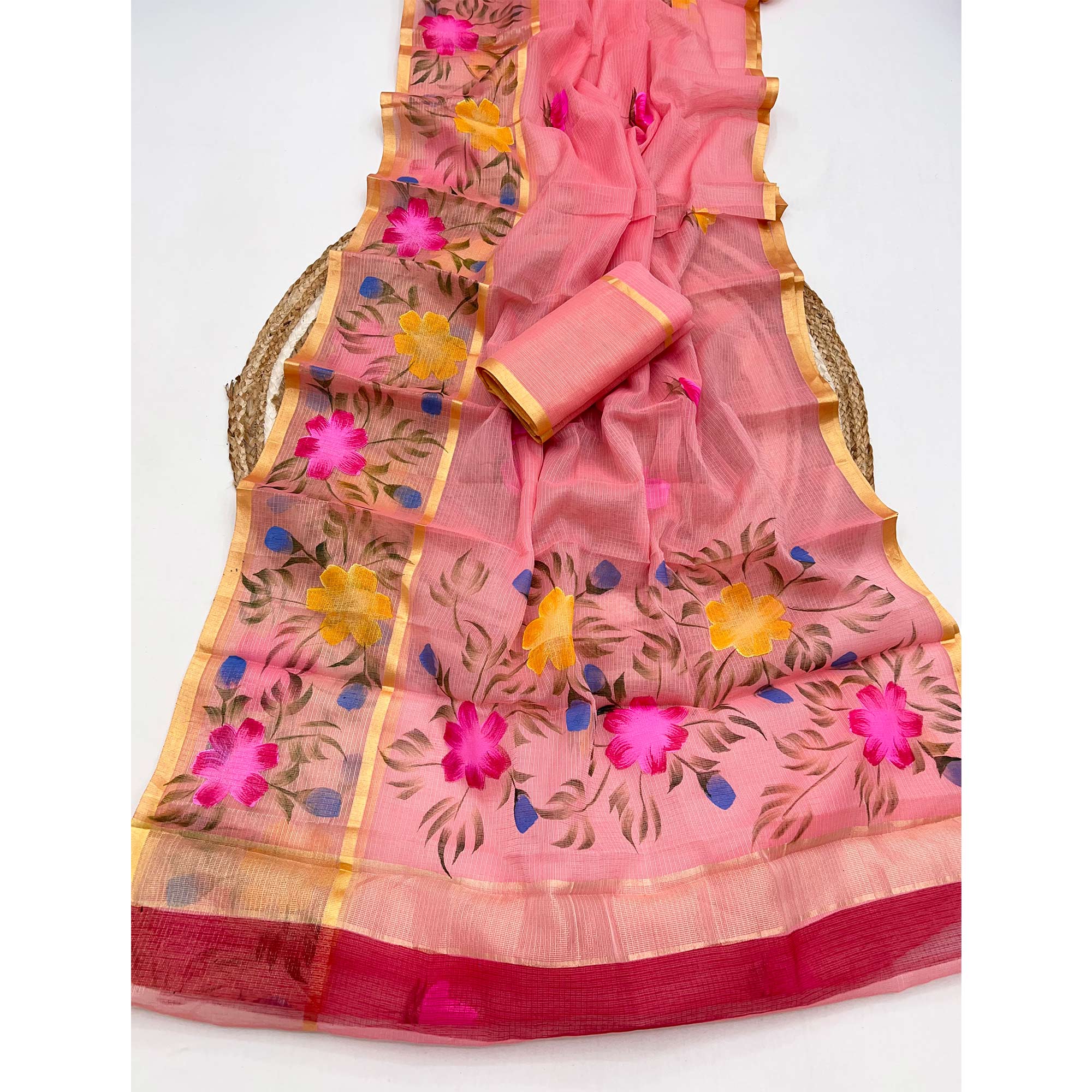 Peach Floral Brush-Painted Kota Doria Saree with Elegant Artistic Detailing
